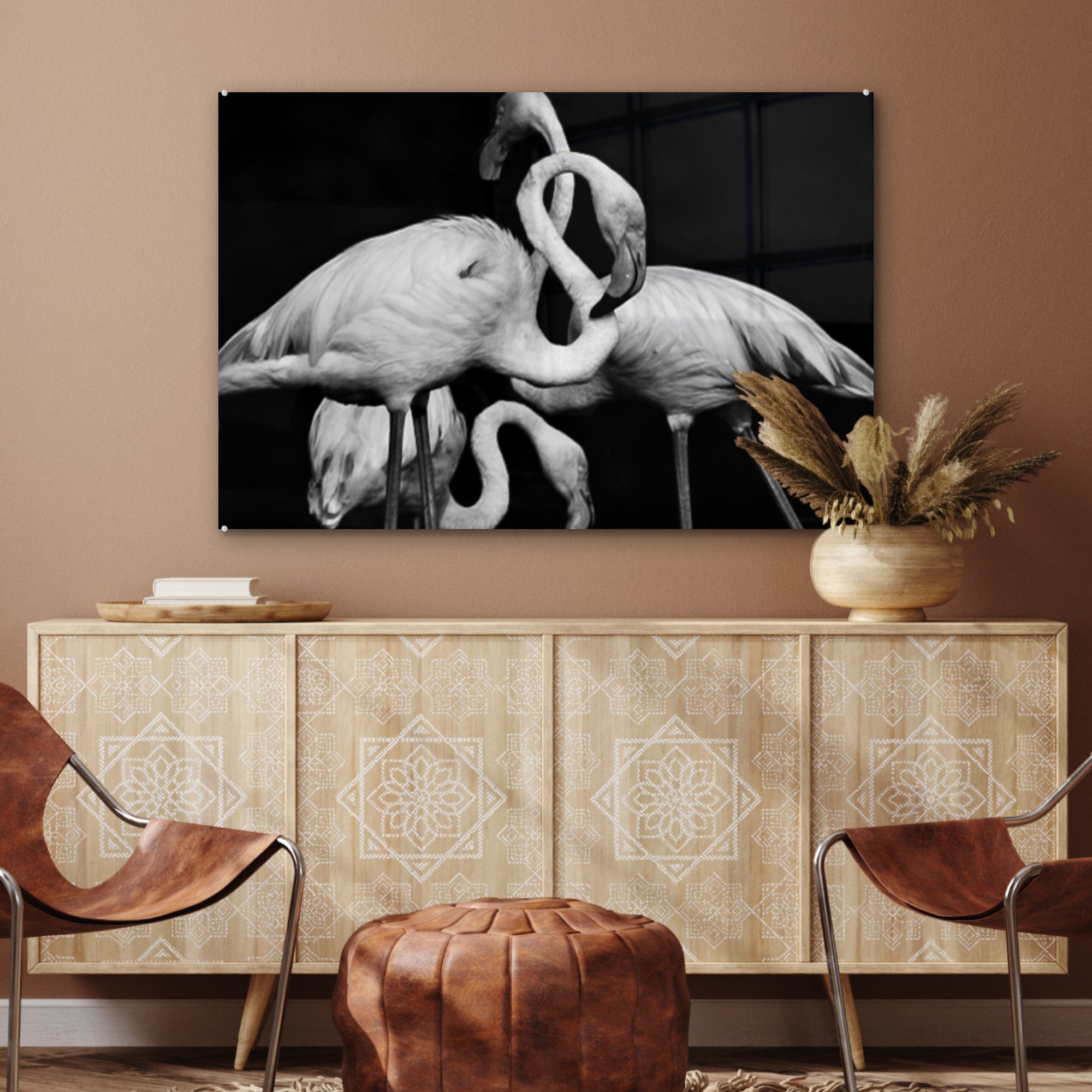 MuchoWow Acrylglasbild Flamingos in Schwarz Weiß, (1 & und Wohnzimmer Acrylglasbilder Schlafzimmer St)