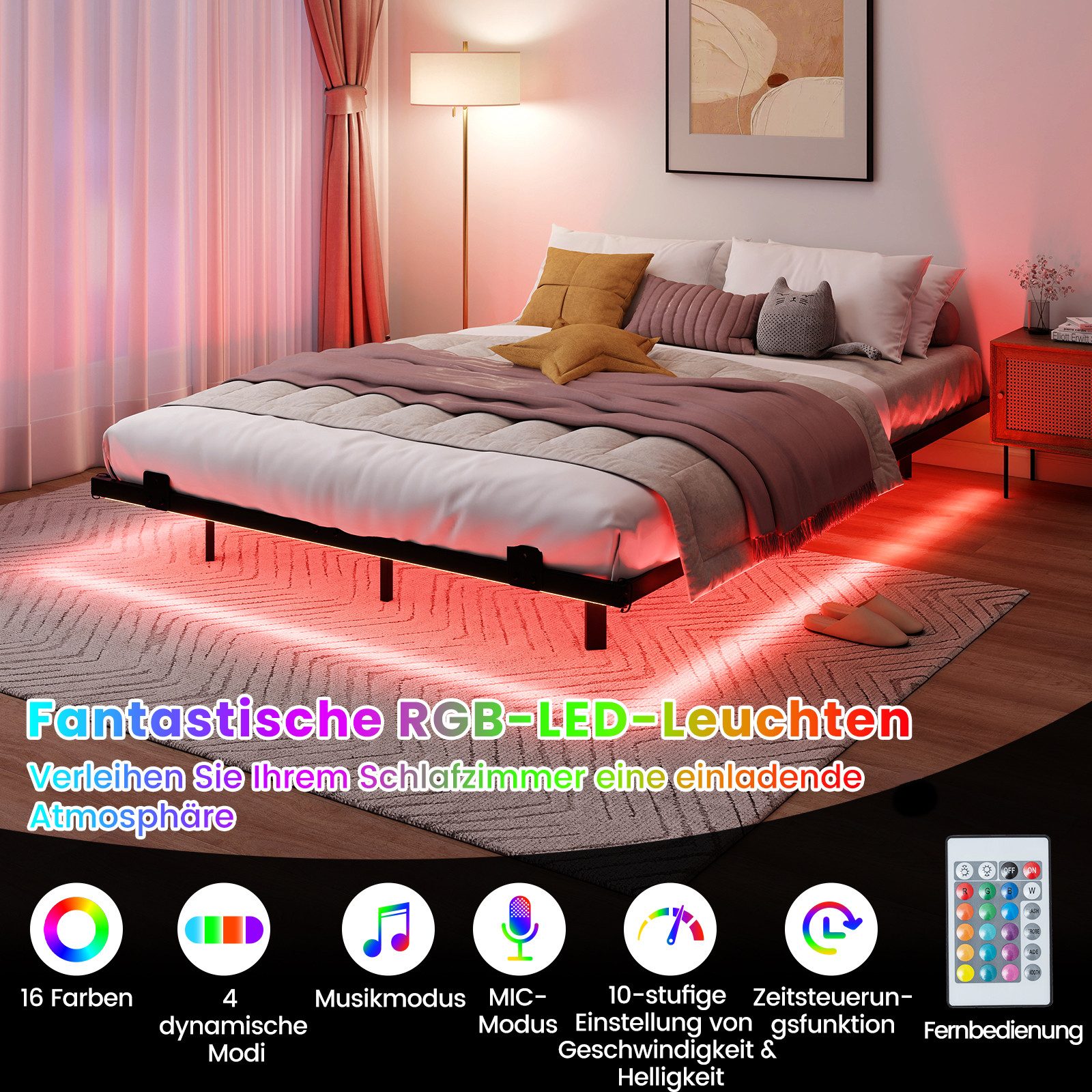 COSTWAY Bettgestell (1-tlg), Doppelbett Schwebebettgestell, mit LED, Lattenrost,140 x 200 cm