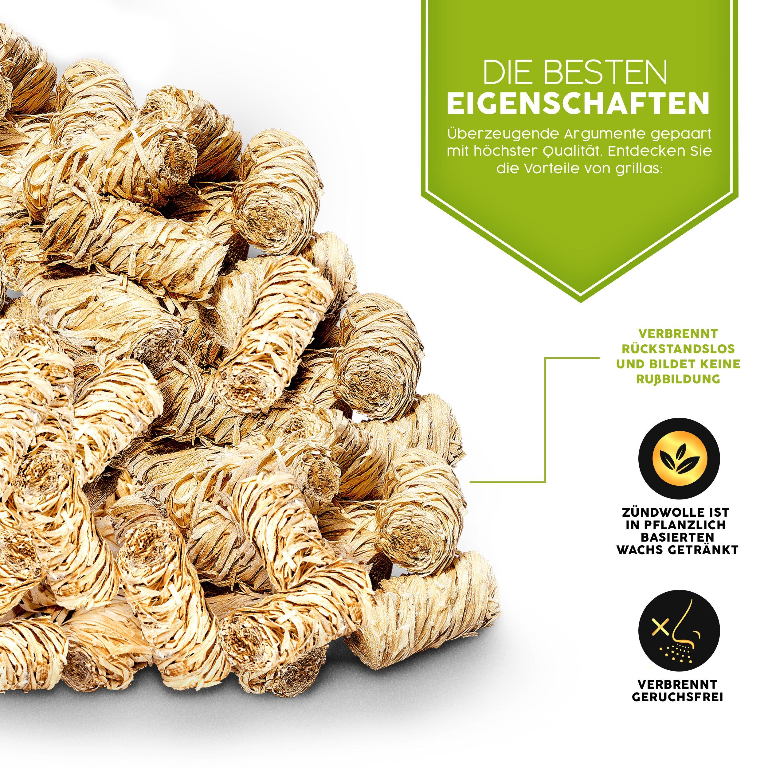 grillas Anzündkamin BIO Anzünder Kaminanzünder Holzwolle Grillanzünder (Kohleanzünder Wachsanzünder Anzündwolle, 1200-tlg., Anzündhilfe ohne Rückstände), für Ka – Bild 5 von 5