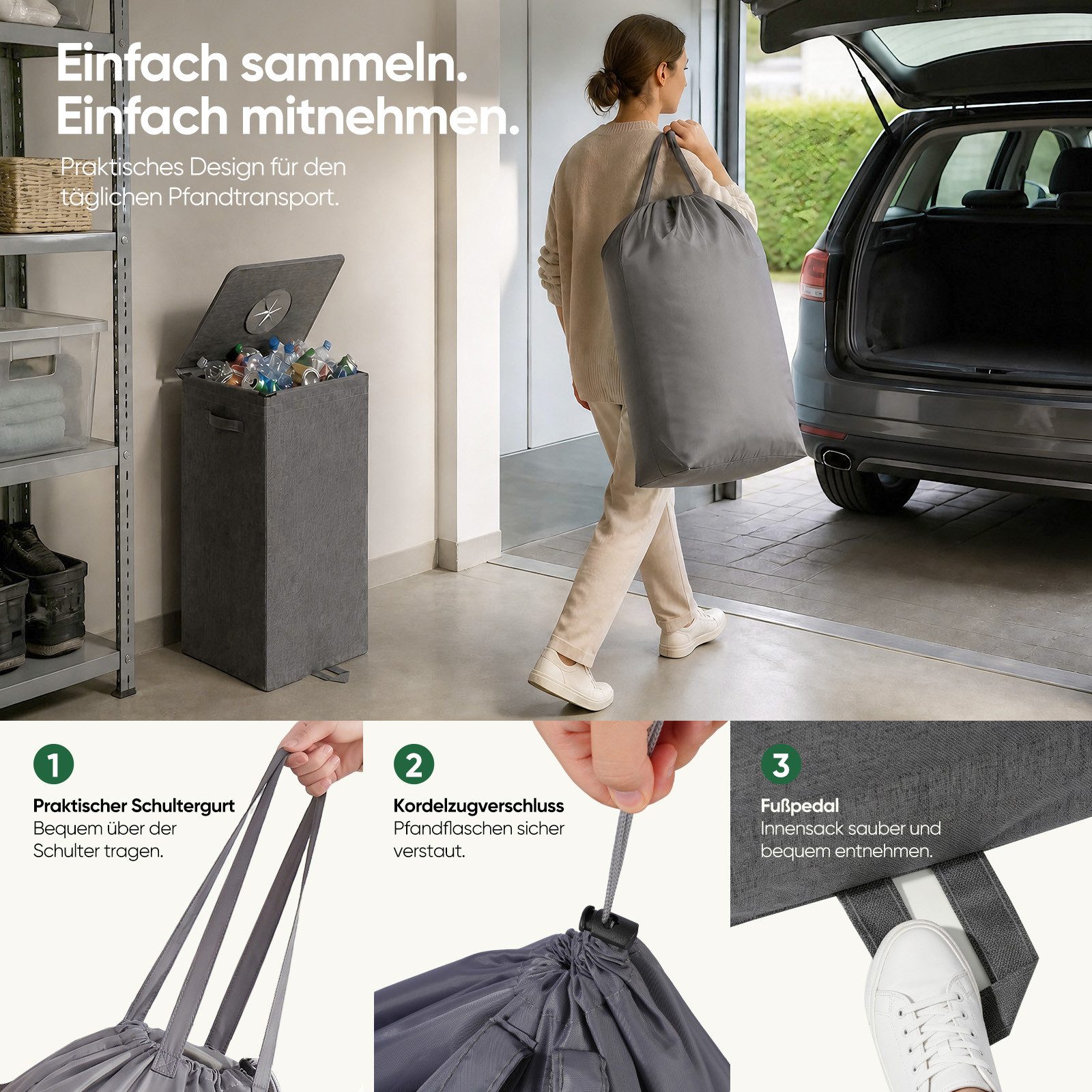 Sekey Flaschenkorb Pfandflaschen Sammelbehälter Flaschensammler für Leergut Aufbewahrung, 100L Pfandflaschen-Behälter mit Deckel als Tragetasche für Recycling – Bild 5 von 5