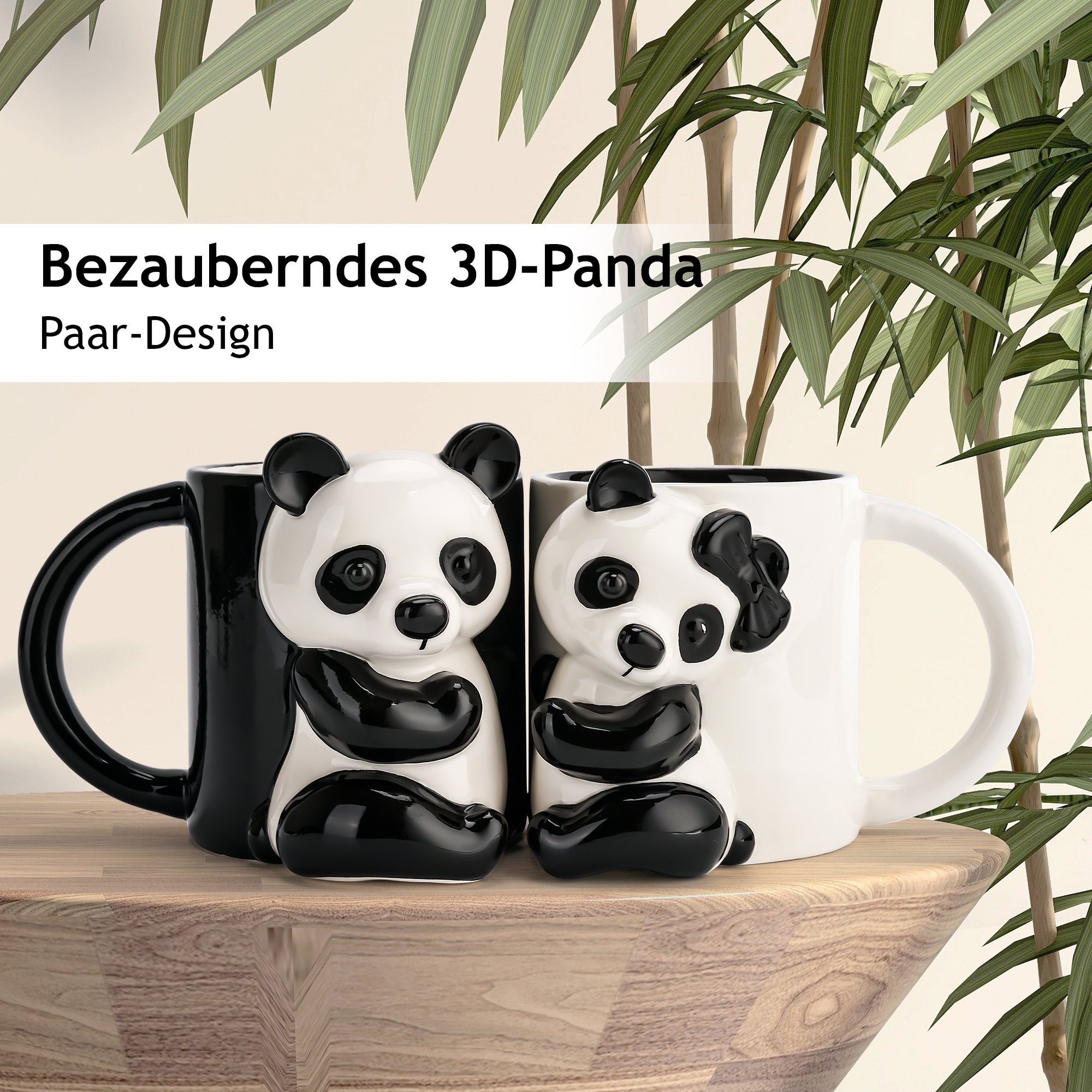 MiaMio Tasse Panda 3D-Motiv, 400 ml, Schwarz-Weiß, 2-tlg., Keramik, 3D-Panda-Motiv, 400 ml, schwarz-weiß