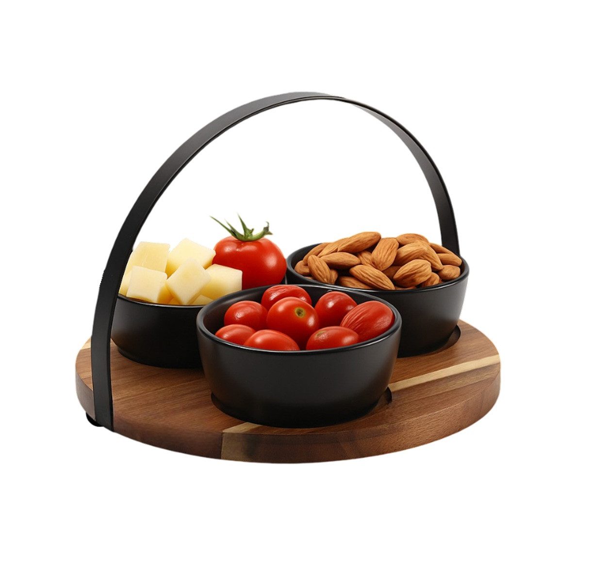 Cheffinger Servier-Set 4-tlg. Servierset mit 3 Schalen auf Bambus-Holztablett mit Griff, Keramik, Bambus, (4-tlg)