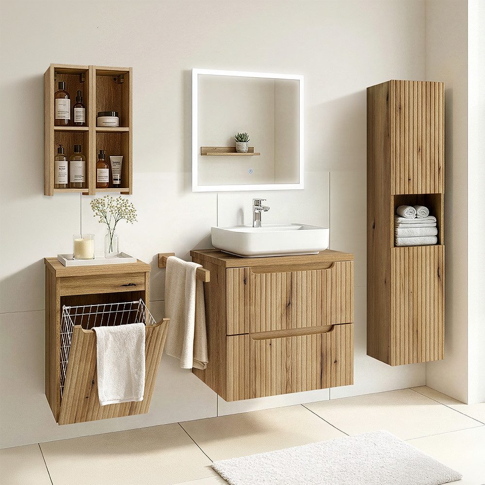 Lomadox Badmöbel-Set NEWPORT-56-EVOKE, (Spar-Set, 5-St., Badregale Unterschrank Badspiegel Waschtisch Hochschrank), in Eiche mit gerillter Front