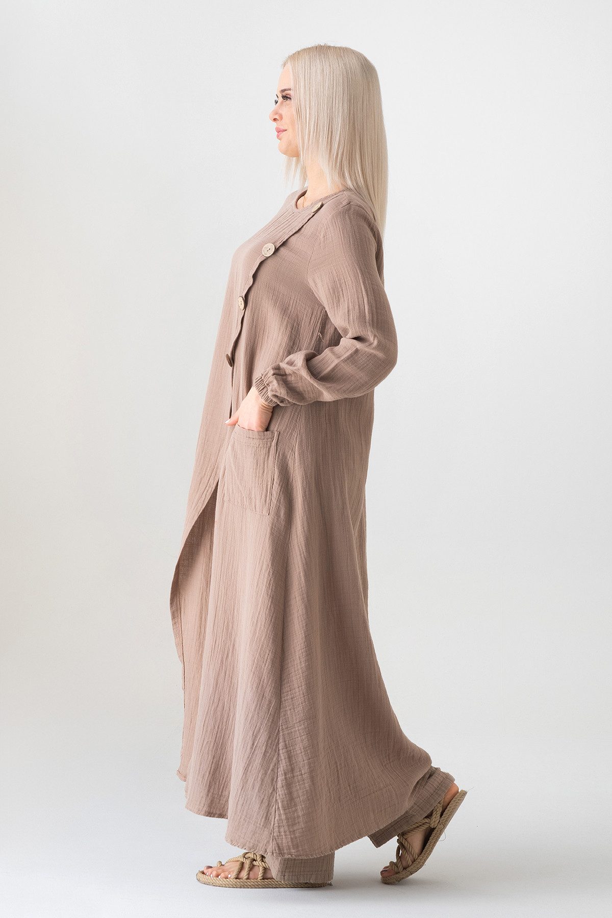 WENOR Longtunika Musselin mit Frontschlitz, Knopfdetail, 100 % Baumwolle, 130 cm Frontschlitz, asymmetrisches Knopfdesign, extra lang