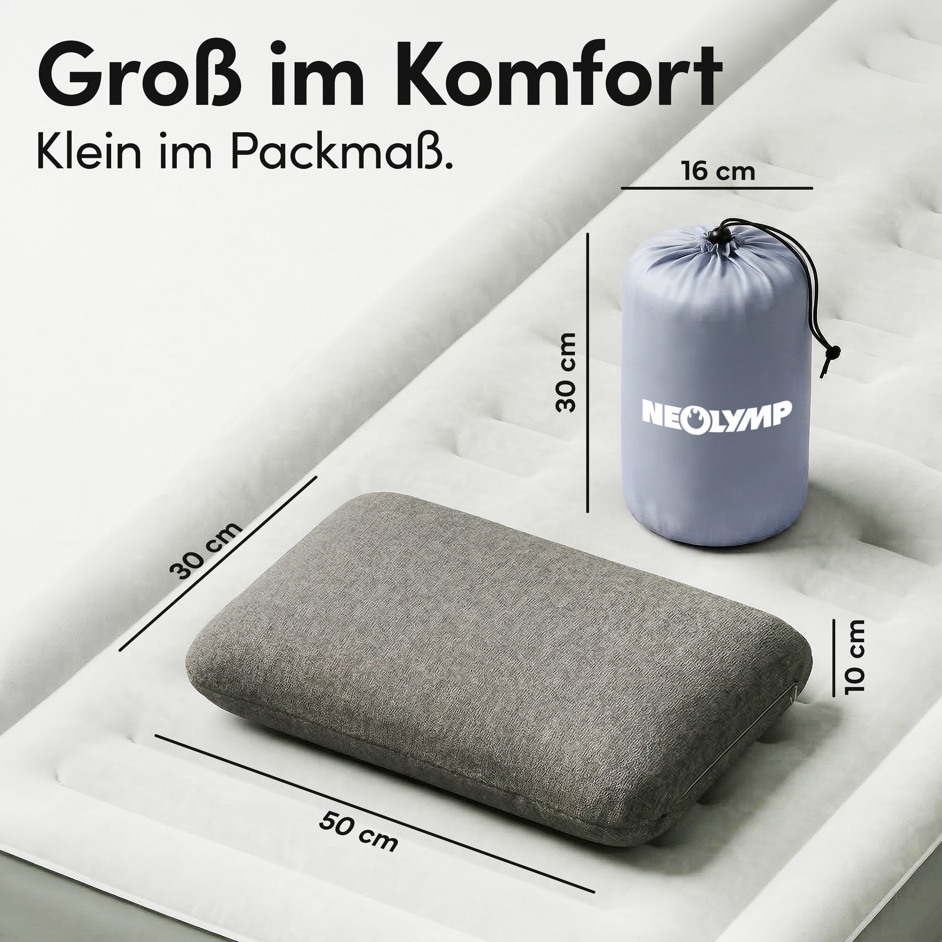 NEOLYMP Reisekissen Reisekissen Memory Foam 50x30x10 cm - kompaktes ergonomisches Kissen, Flugzeug Kissen fürs Reiseformat - Reise Essentials, Camping Kissen atmungsaktiv & waschbar mit Tragetasche