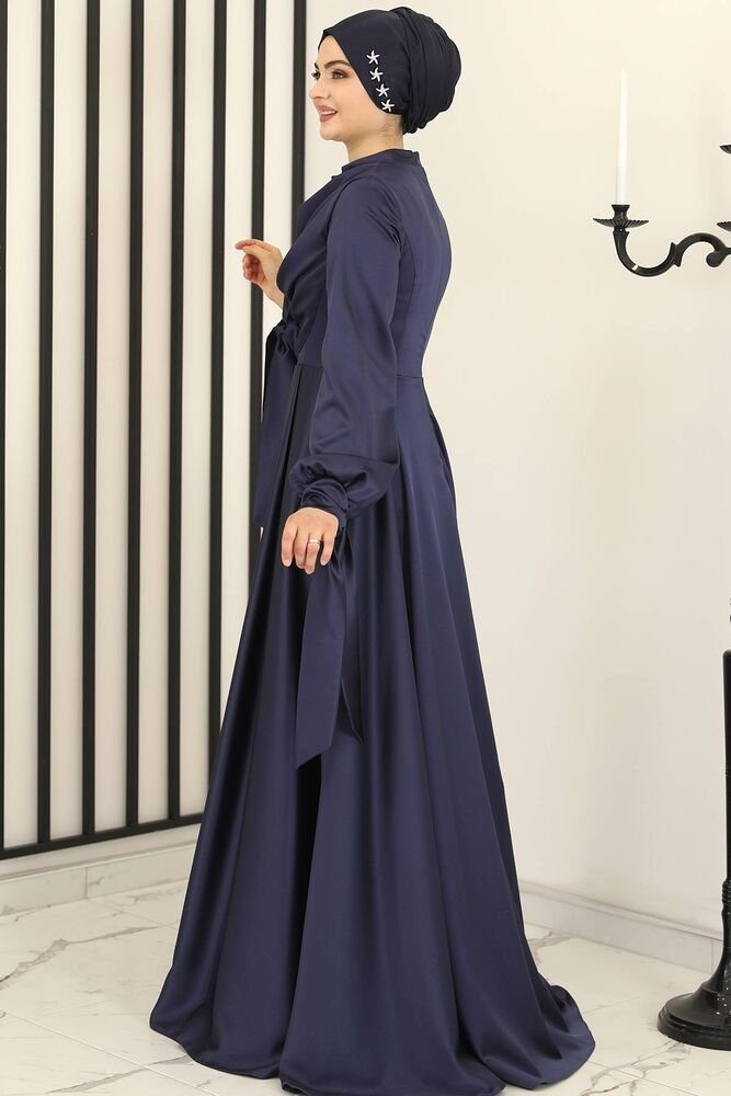 Kleid Abendkleid Hijab Abaya Fashion Abiye Blau Modavitrini Modest Damen Satinkleid