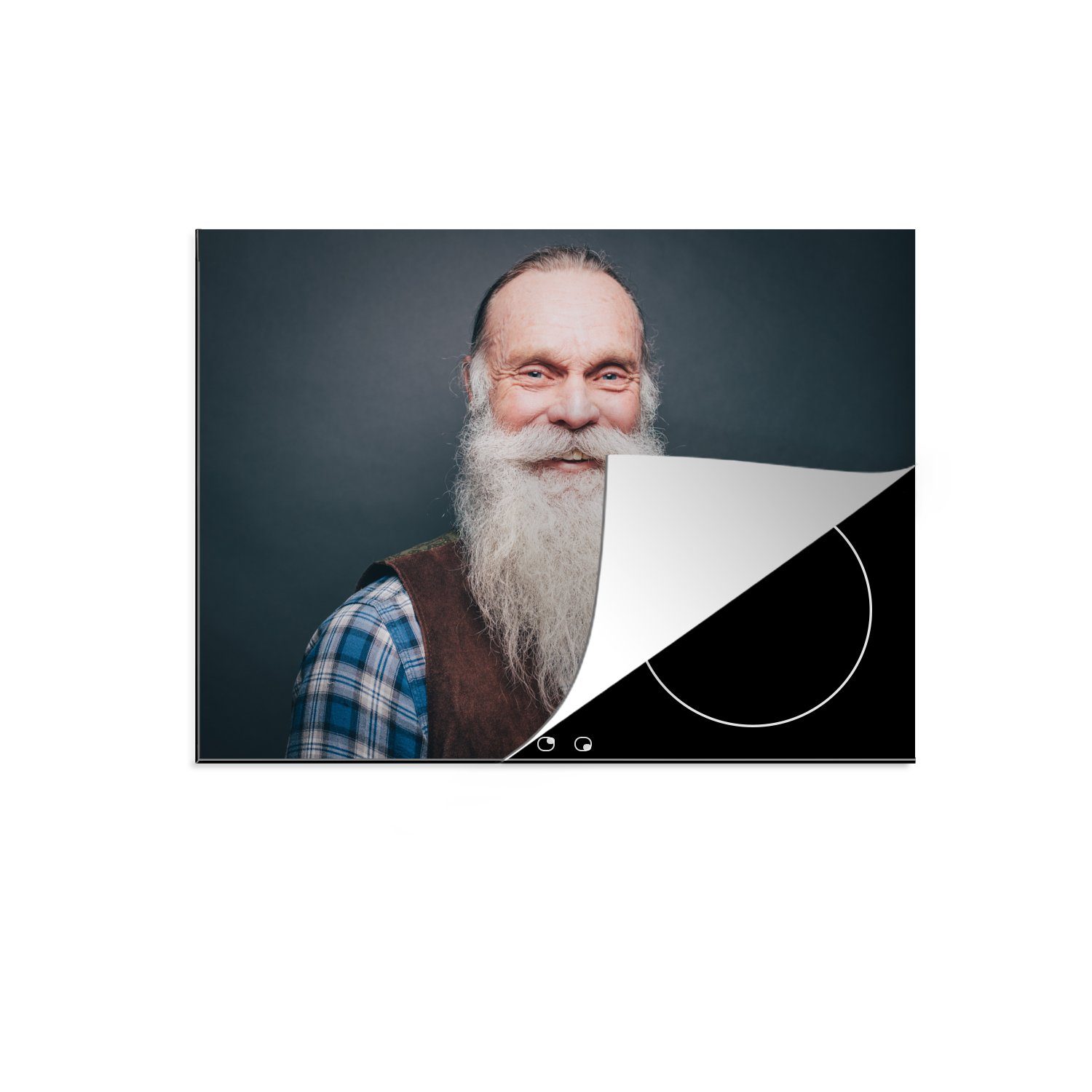 MuchoWow Herdblende-/Abdeckplatte Ein lächelnder alter Mann mit Schnurrbart und Bart, Vinyl, (1 tlg), 70x52 cm, Mobile Arbeitsfläche nutzbar, Ceranfeldabdeckung