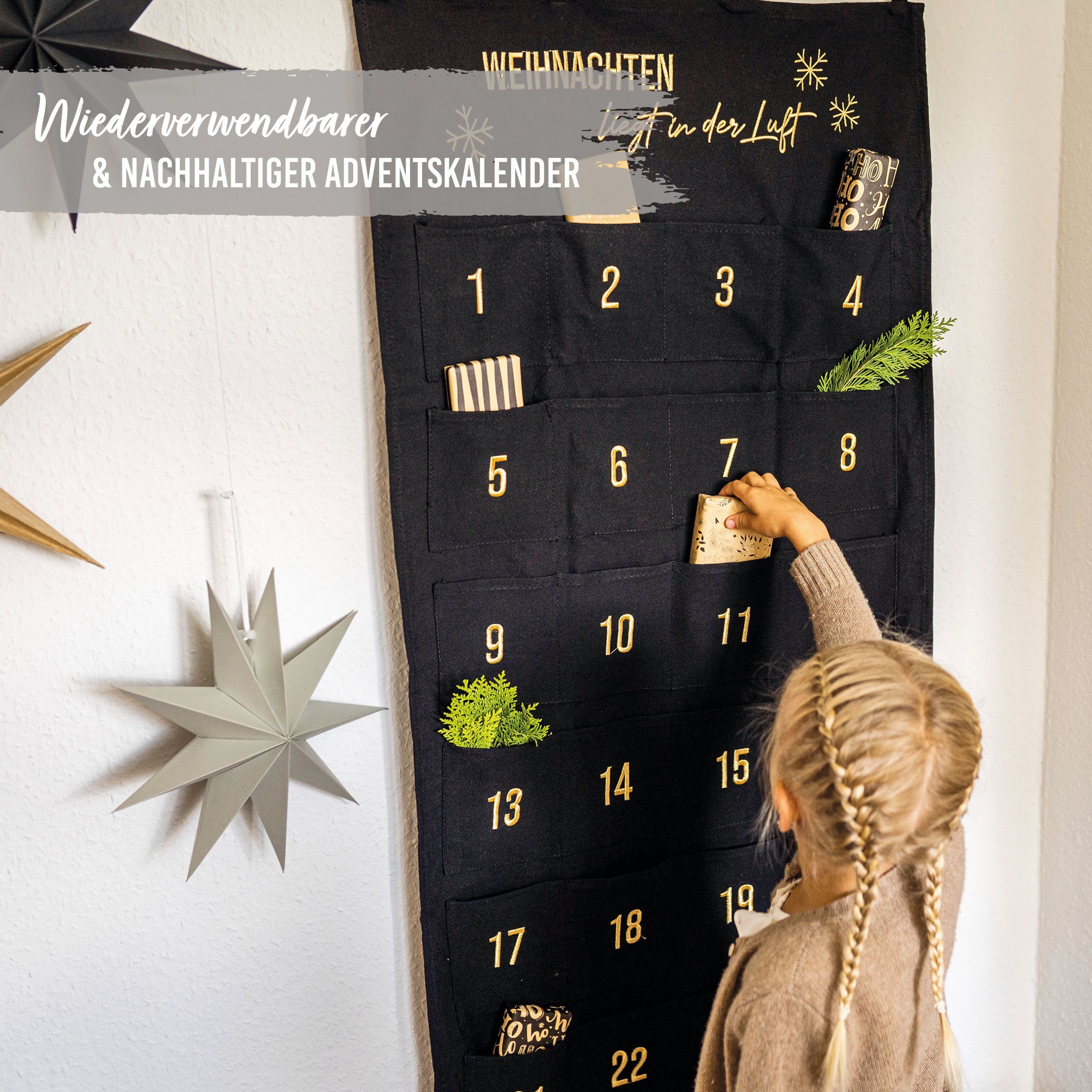 PAPIERDRACHEN befüllbarer Adventskalender Adventskalender Wandteppich aus Stoff zum Befüllen-hochwertig bestickt