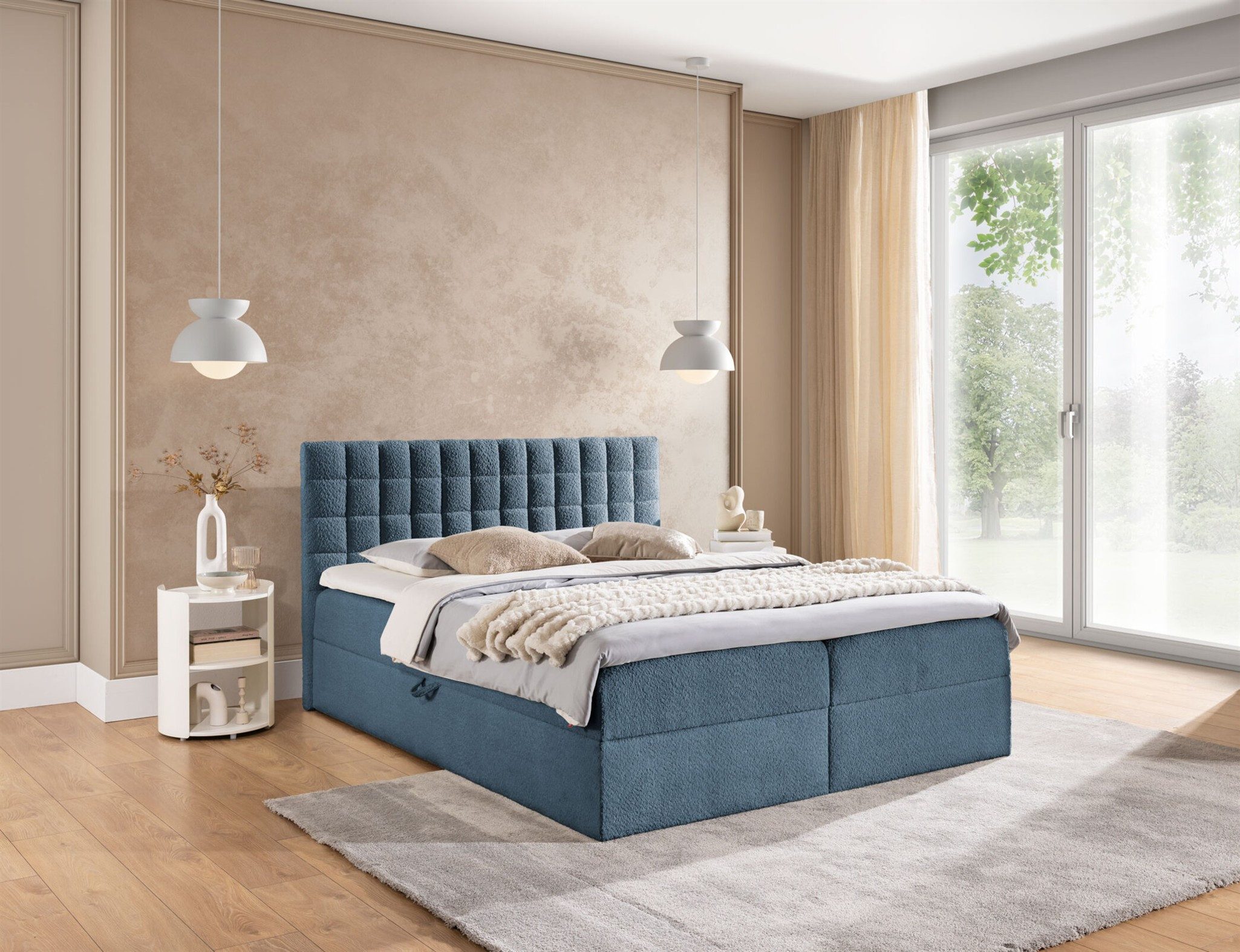 Fun Möbel Boxbett Schlafzimmerbett Bett FUN KEPA Überlänge Stoff Coral (220cm) (Bonellfederkernmatratze), Inkl. Bettkasten und Kaltschaumtopper