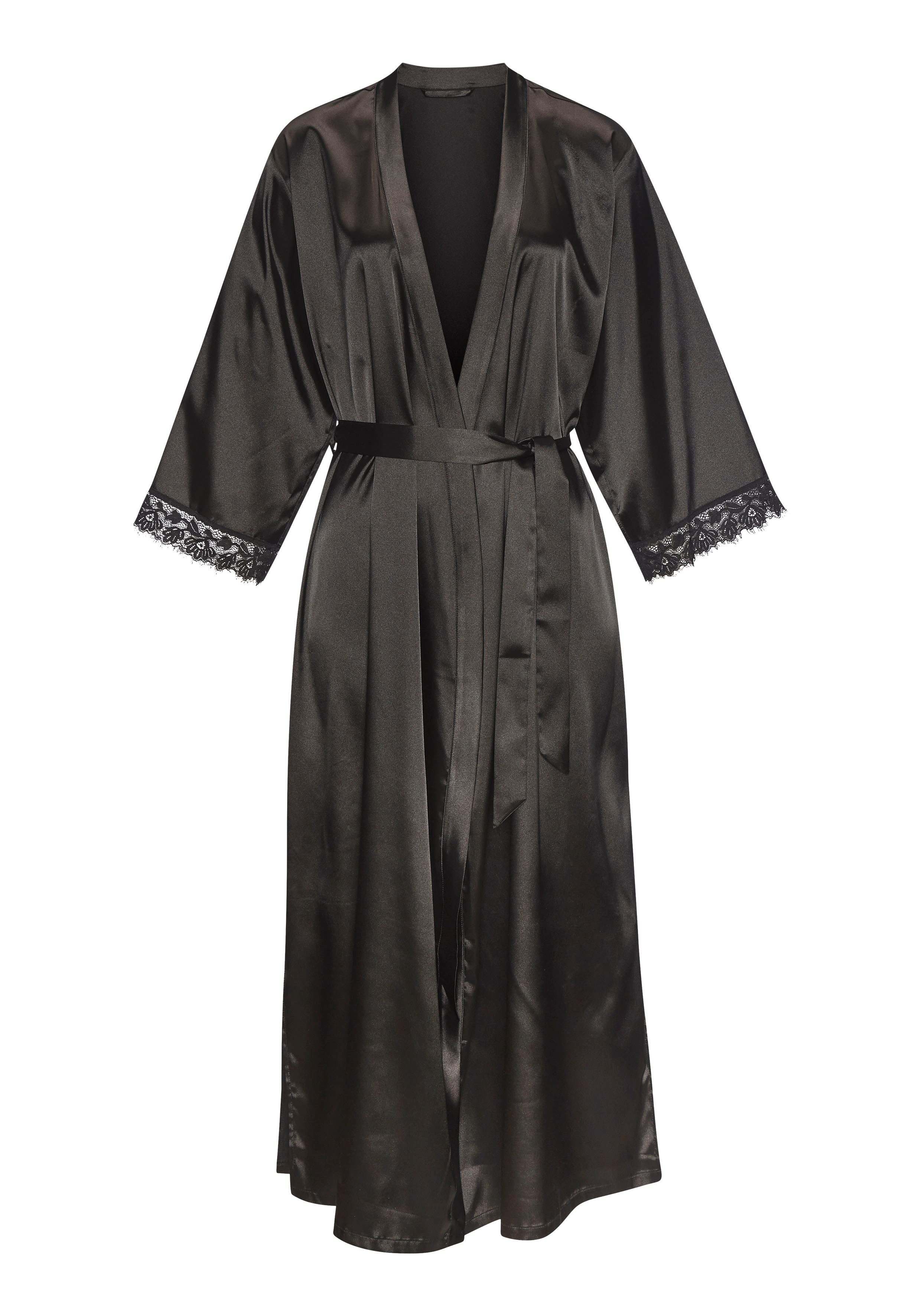 LASCANA Kimono, Langform, Satin, Kimono-Kragen, Gürtel, Mit spitze besetzte Ärmel