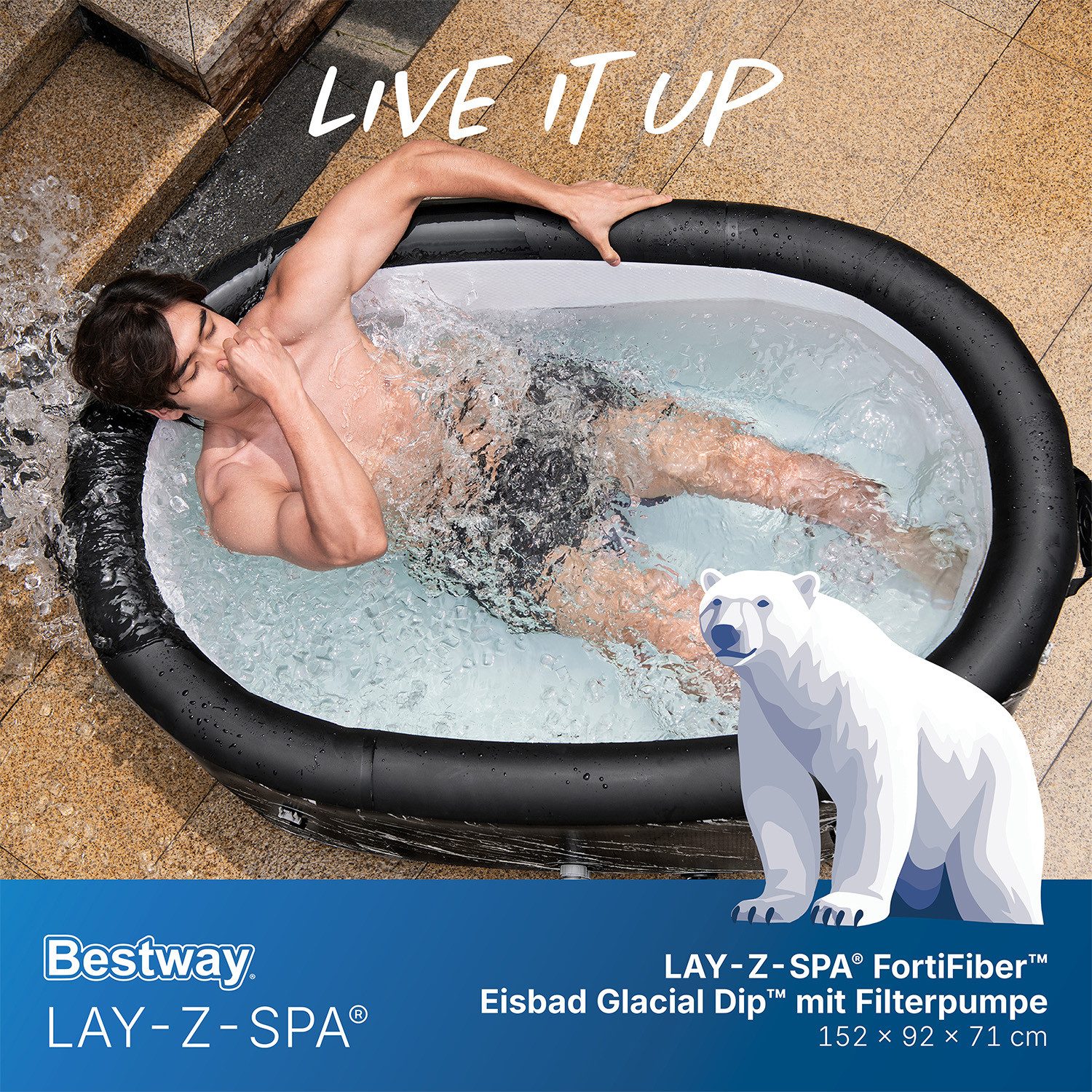 Bestway Pool LAY-Z-SPA Eisbad Glacial Dip (Set, mit Filterpumpe, 152 x 92 x 71 cm), Integrierter Ganzjahresschutz Polar-Shield™