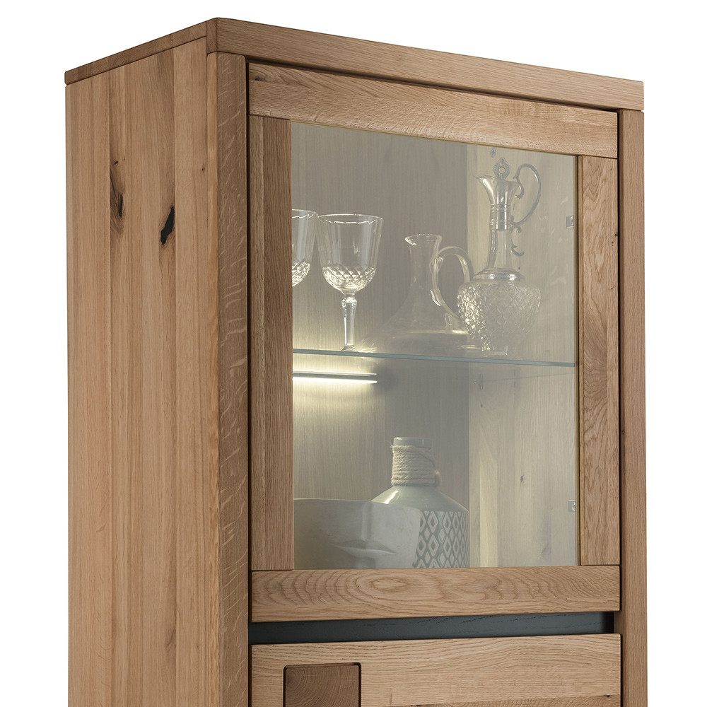 Lomadox Highboard WINCHESTER-69, Standvitrine Schrank 65 cm Eiche massiv geölt Hirnholz-Detail