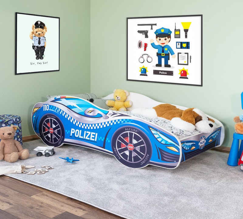 Alcube Autobett Racer (Komplett-Set Bett mit Matratze und Lattenrost), Kinderbett 80x160 cm PKW Polizei,Rennwagen-Design Autobett 80x160 cm