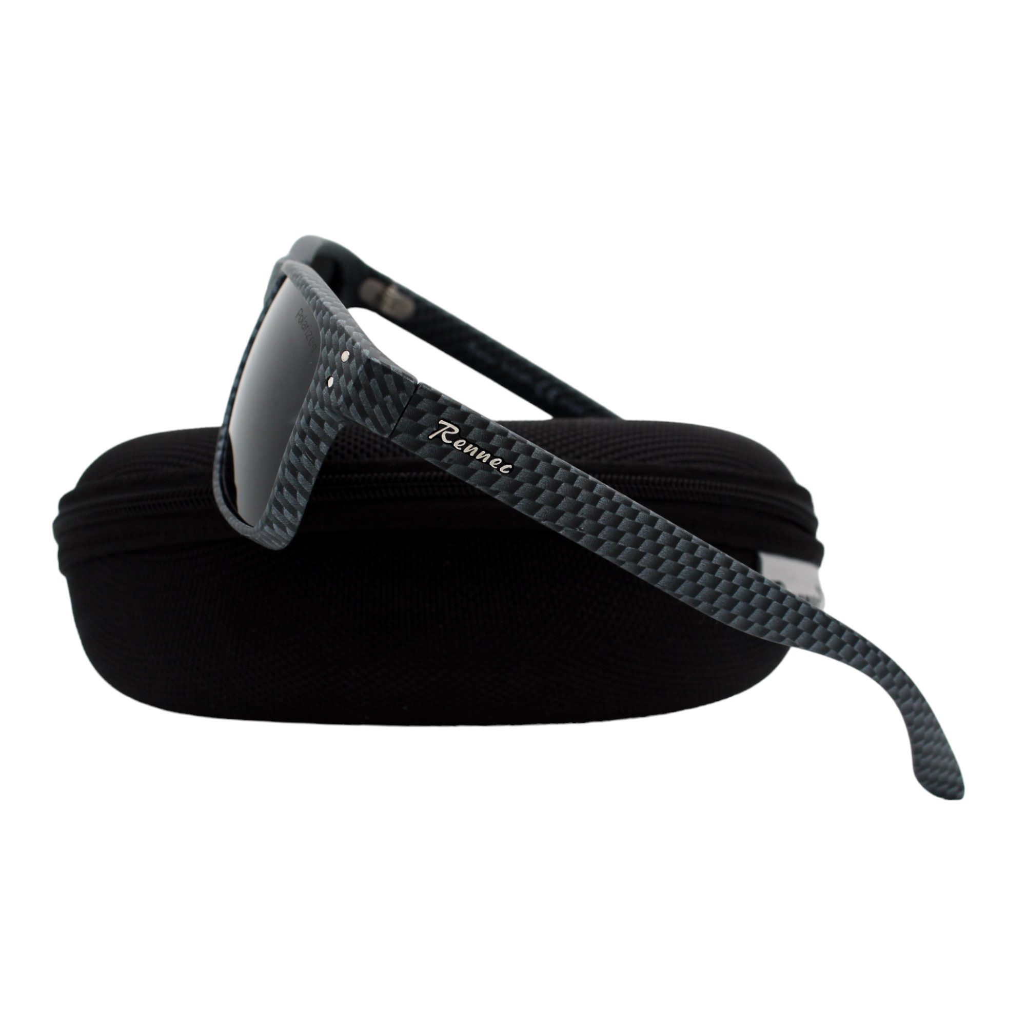Rennec Sonnenbrille (Marken Sonnenbrille Herren Rechteckig Verspiegelt mit Hardcase) Polarisierte Gläser, Edelstahl Bügelgelenke, Carbon Optik