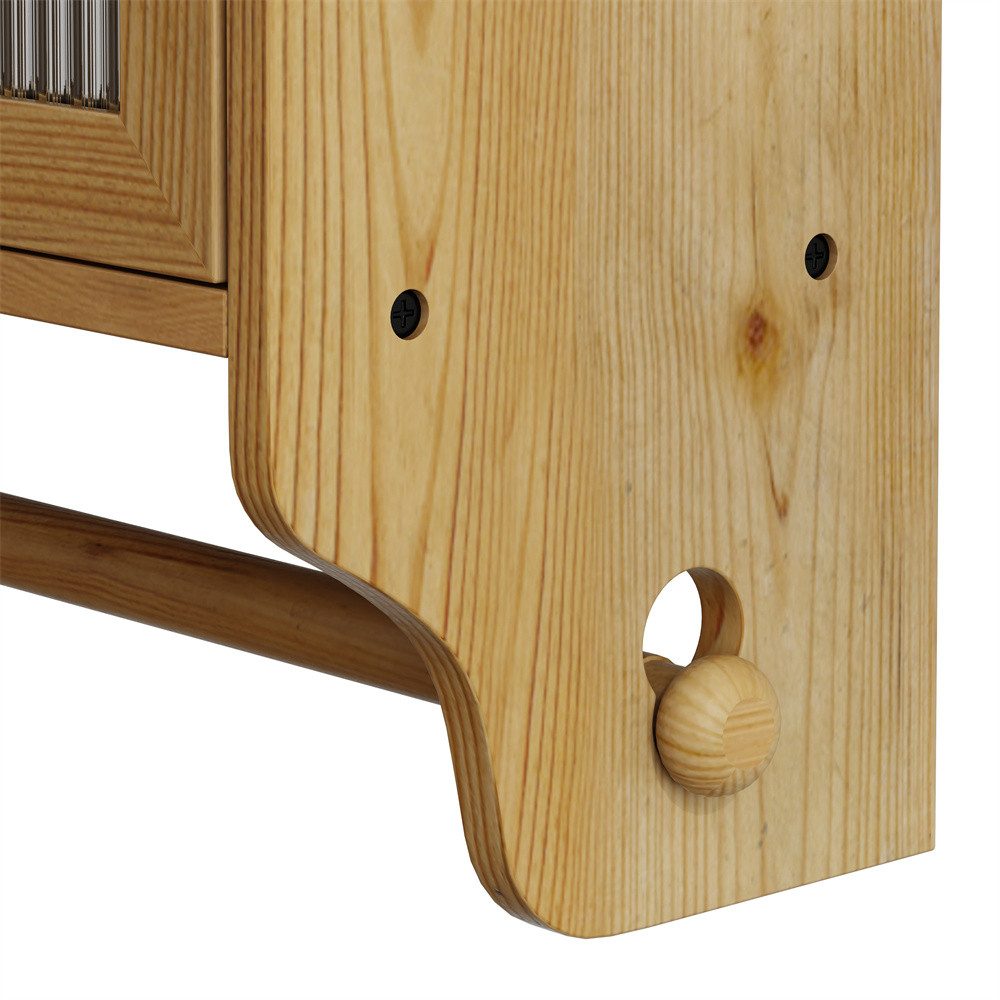 MODFU Hängeschrank Zweitüriger Wandschrank 70 cm,Stauraumschrank Hängevitrine (Vintage Glas-Wandregal mit Doppelglastüren und 3 Regalen – Wandmontage für Badezimmer, Küche, Esszimmer – Praktischer Handtuchhalter und Stauraum in Naturholzoptik) Gewichtskapazität: 5 kg pro Regal