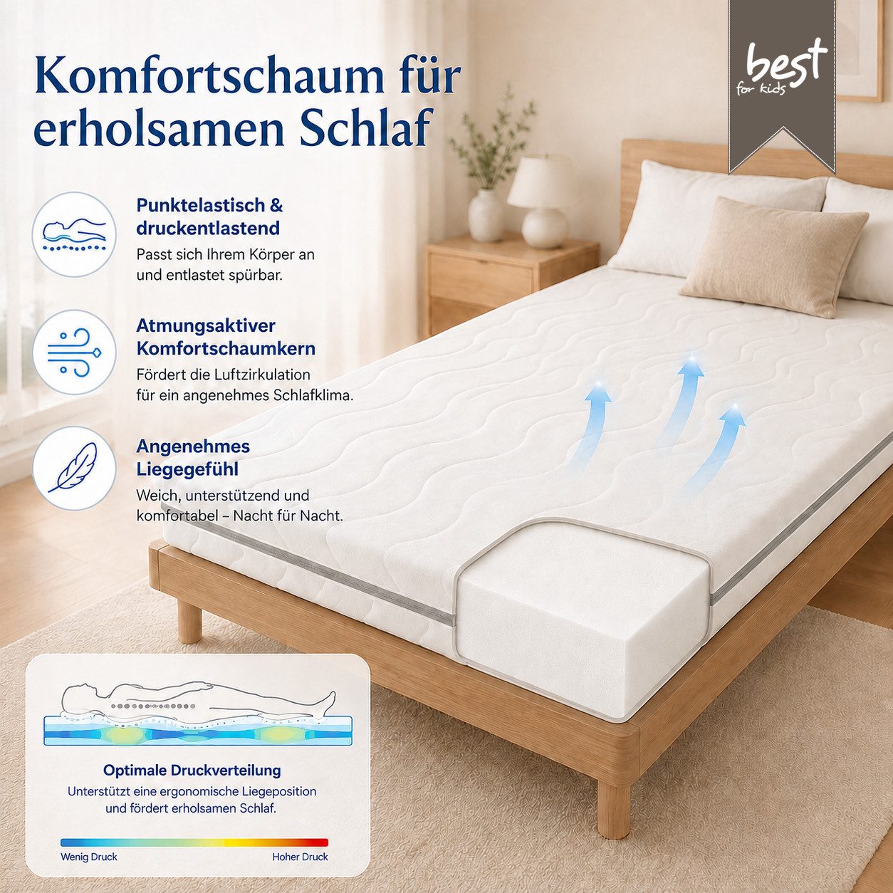 Kindermatratze Easy Active Kaltschaummatratze 90x200 cm mit Bezug, Best for Home, 10 cm hoch, (Einzelartikel, 60x120 70x140 80x160 80x180 90x200 140x200 180x200 – Bild 2 von 5