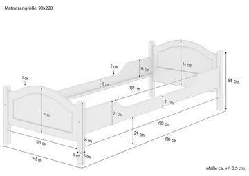 ERST-HOLZ Einzelbett Überlanges Einzelbett 90x220 Kiefer Massivholz Landhausstil, Kieferunbehandelt
