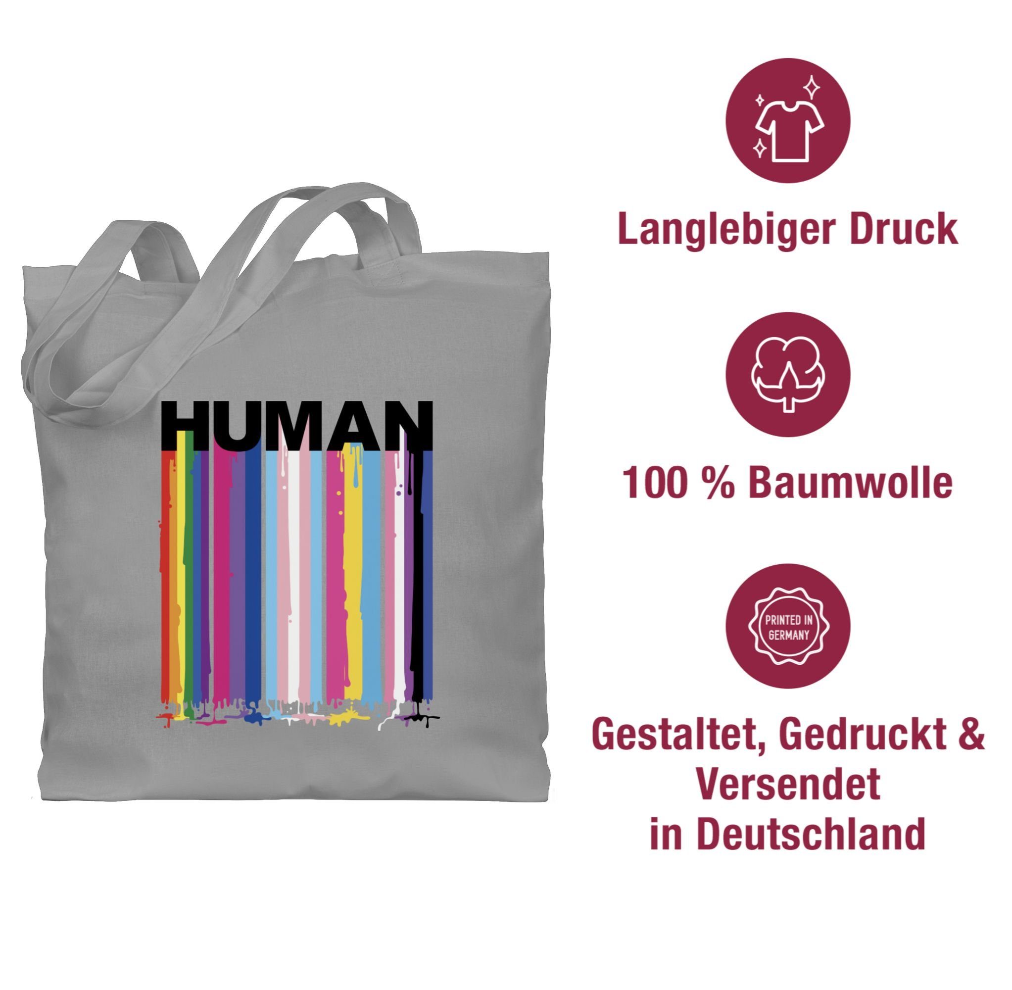 Blockschrift LGBT 2 Hellgrau Shirtracer HUMAN Farben Regenbogen Tropfen, Kleidung Umhängetasche