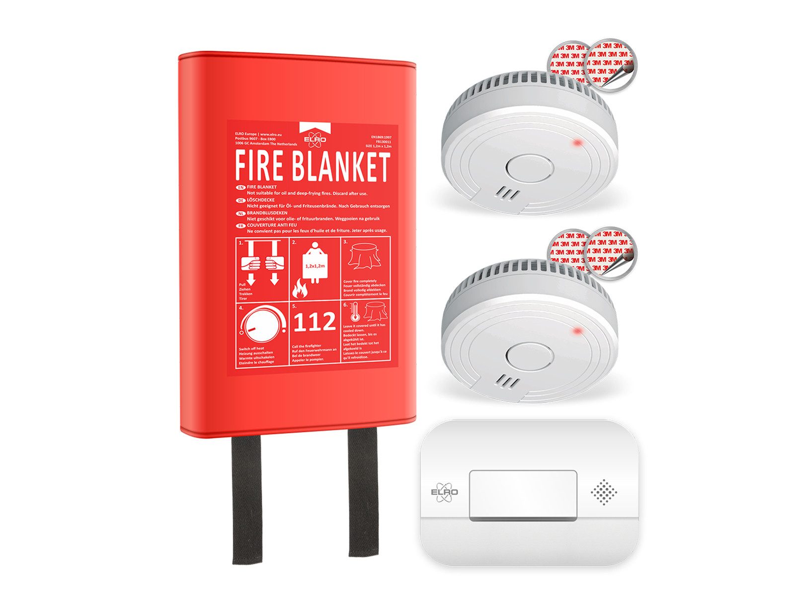 Elro Rauchmelder (Set: 2 Rauchmelder mit Batterie, Kohlenmonoxid Melder Feuer-Löschdecke)