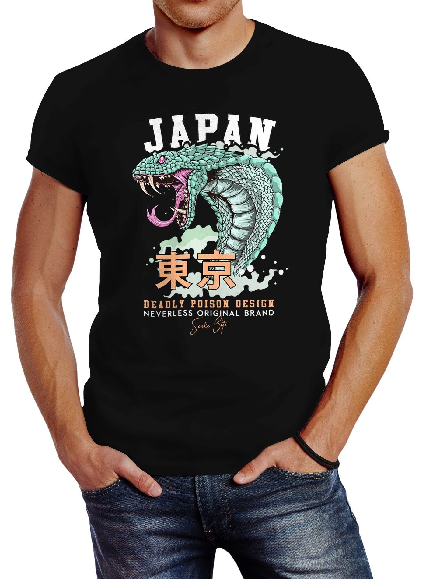 Neverless Print-Shirt Neverless® Herren T-Shirt Japan Kobra Motiv japanische Schriftzeichen Schriftzug Deadly Poison Design Fashion Streetstyle mit Print