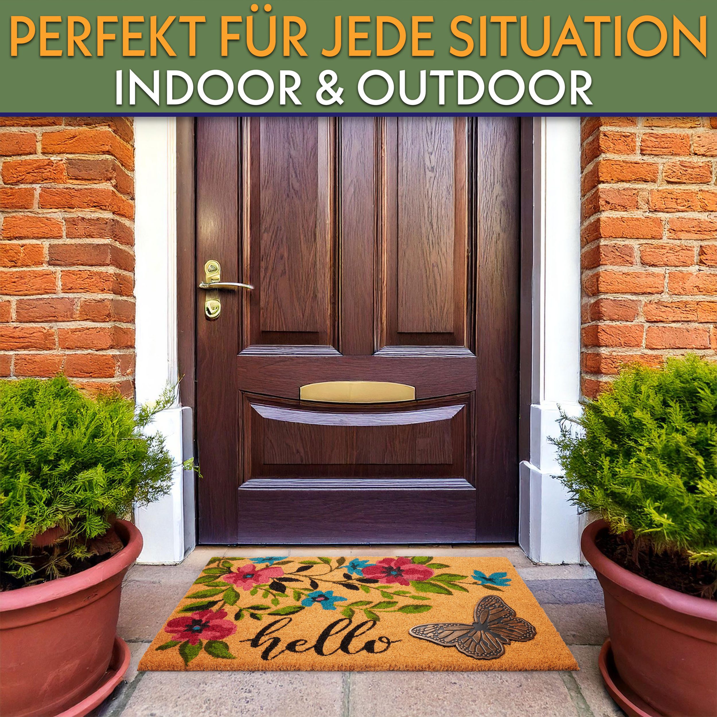 BRUBAKER Fußmatte Blumen und Pflanzen - 45 x 75 cm Schmutzfangmatte - Kokos Fußabtreter, Rechteckig, Höhe: 16 mm, Antirutsch Türmatte für Außen und Innen - Wetterfest und Rutschfest