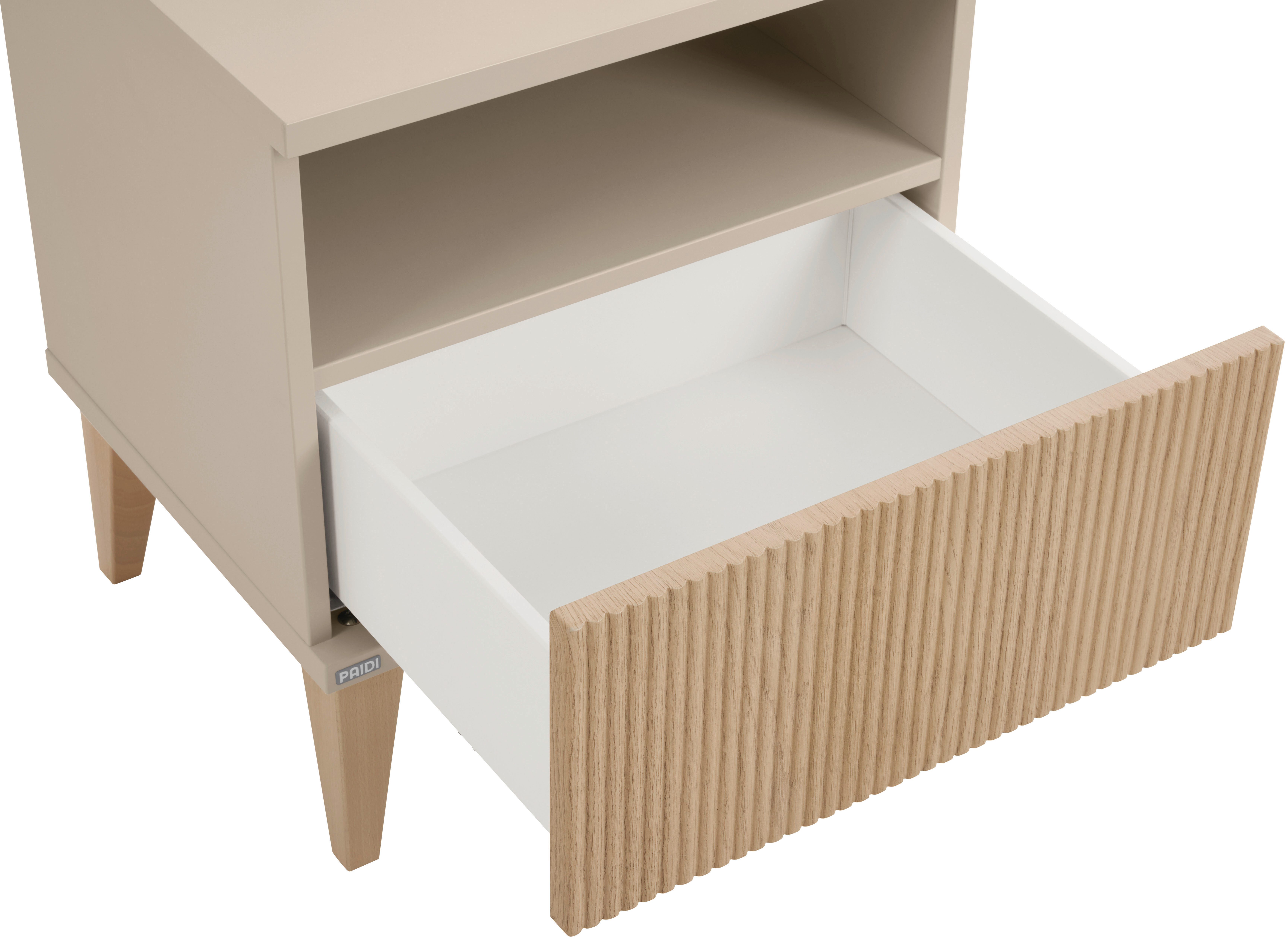 PAIDI Nachtkommode JONTE in Beige, Schublade mit Soft-Close (B/H/T ca. 48/55/40cm, Cashmere-Beige/Light Oak), moderner & stabiler Nachttisch mit Massivholz-Füßen