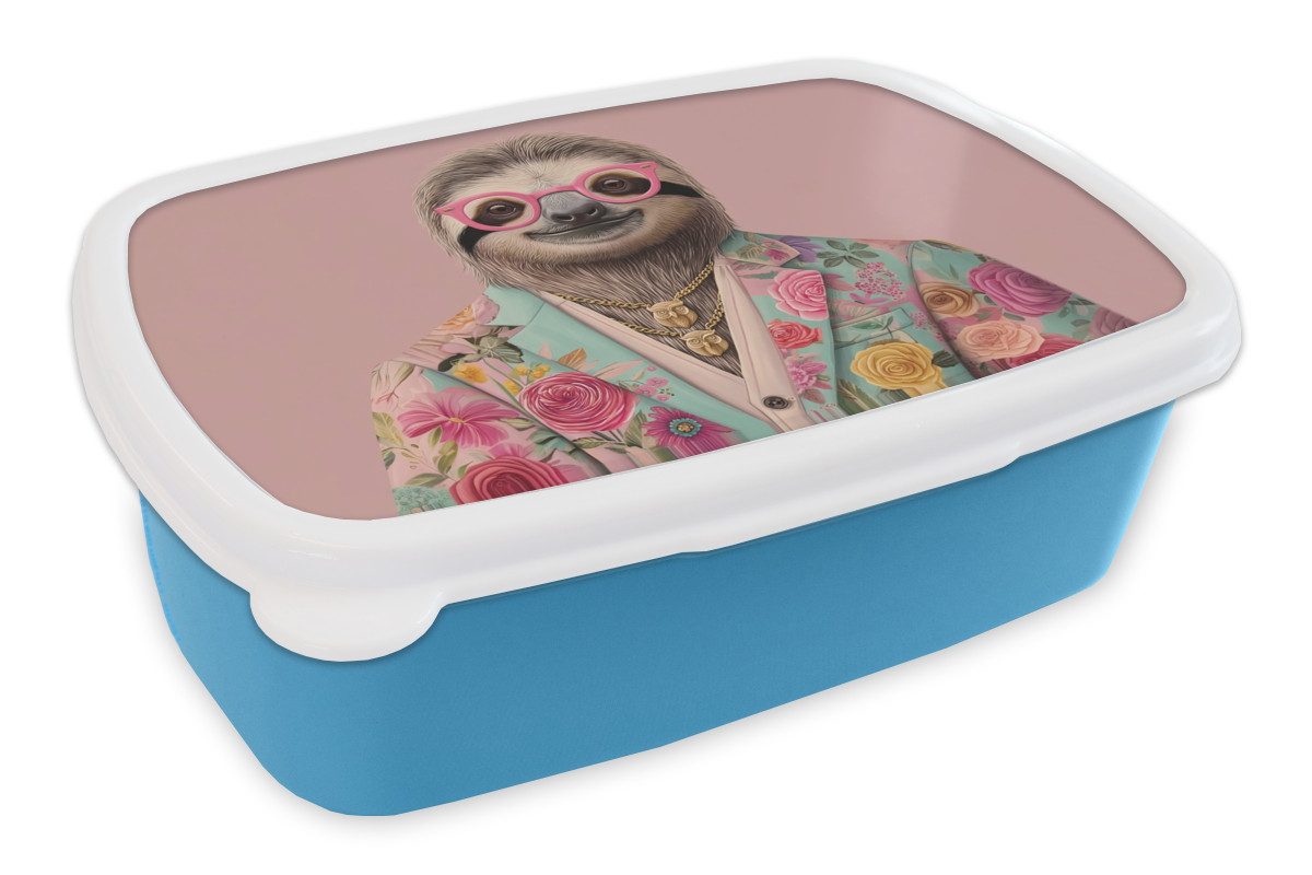 MuchoWow Lunchbox Faultier - Blumendruck - Brille - Rosa, Kunststoff, (2-tlg), Brotdose, Lunchbox, Brotbox für Kinder und Erwachsene