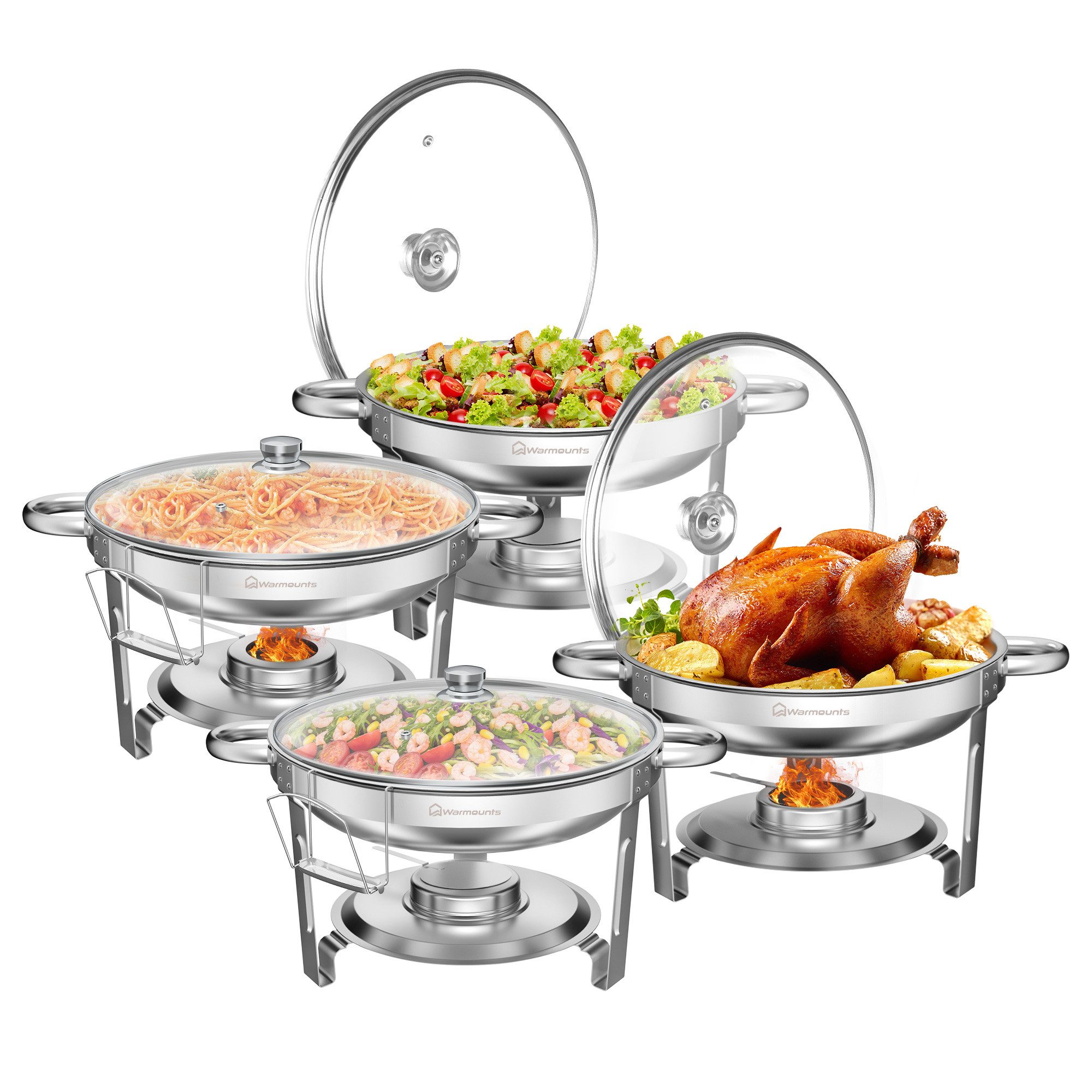 Warmounts Speisenwärmer, (4-tlg), Chafing Dish Speisenwärmer Set, Rund, Edelstahl, Buffet Warmhalte-Set