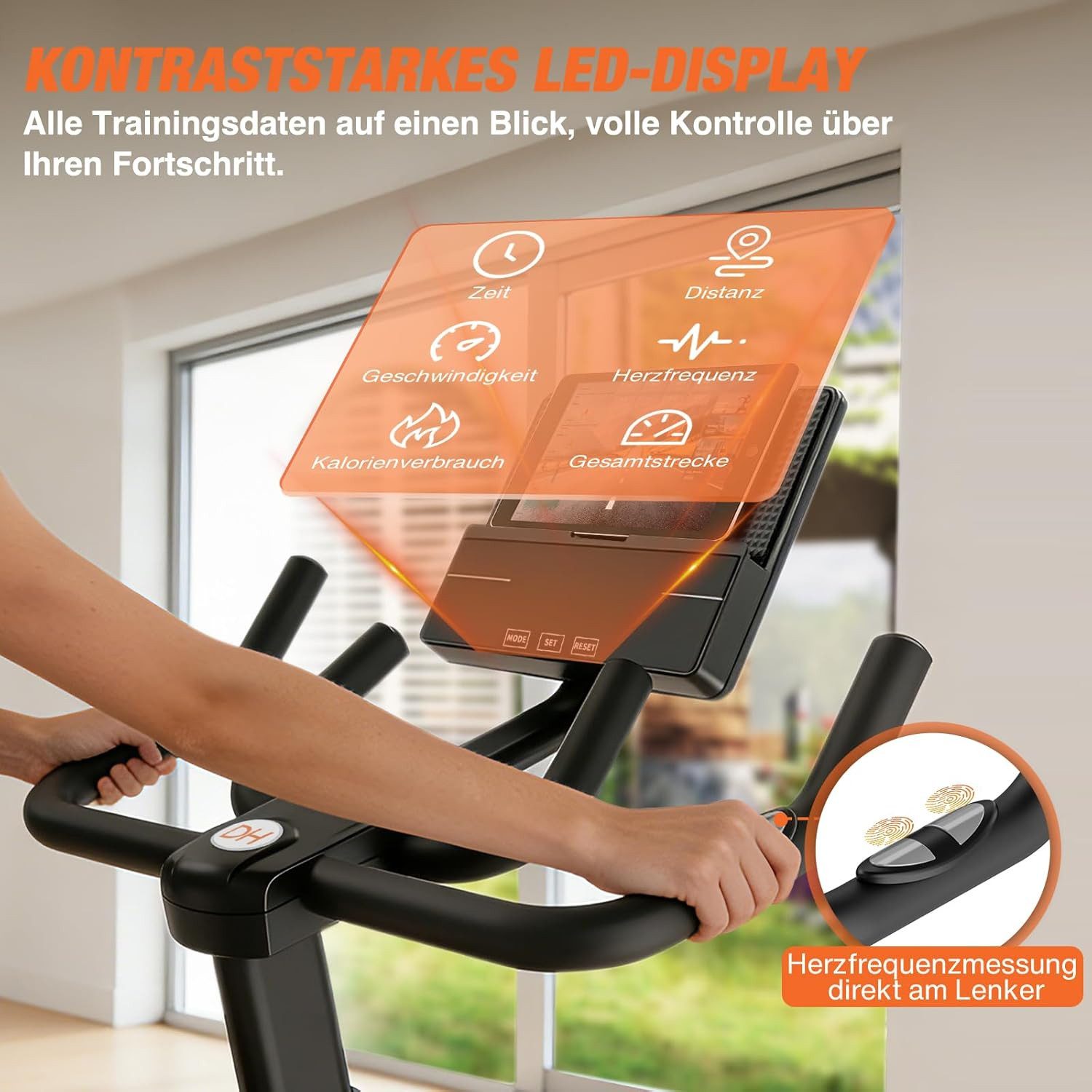 DH FitLife Heimtrainer Fahrrad mit APP Magnetwiderstand Stationäres Fahrrad für Zuhause (inklusive APP-Unterstützung, mit neuem Lenker & Monitor), Leises Indoor Bike mit LED Monitor und Pulssensor, bis 120KG