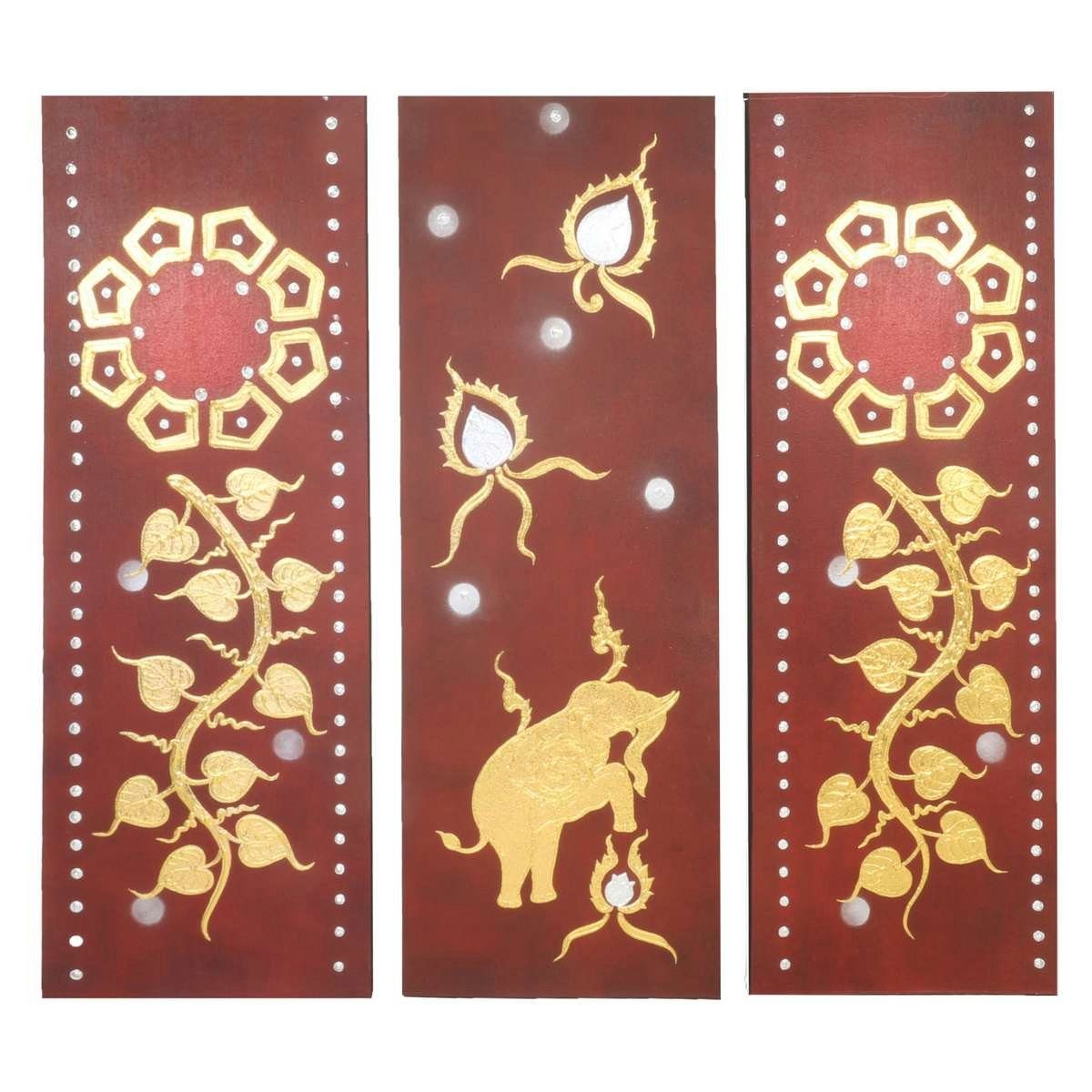 Triptychon Oriental Deko Blumen, 100 Wand Handarbeit Nr. Bild Leinwandbild Abstrakt Elefant, St), cm Galerie 8, (3 Leinwandbild