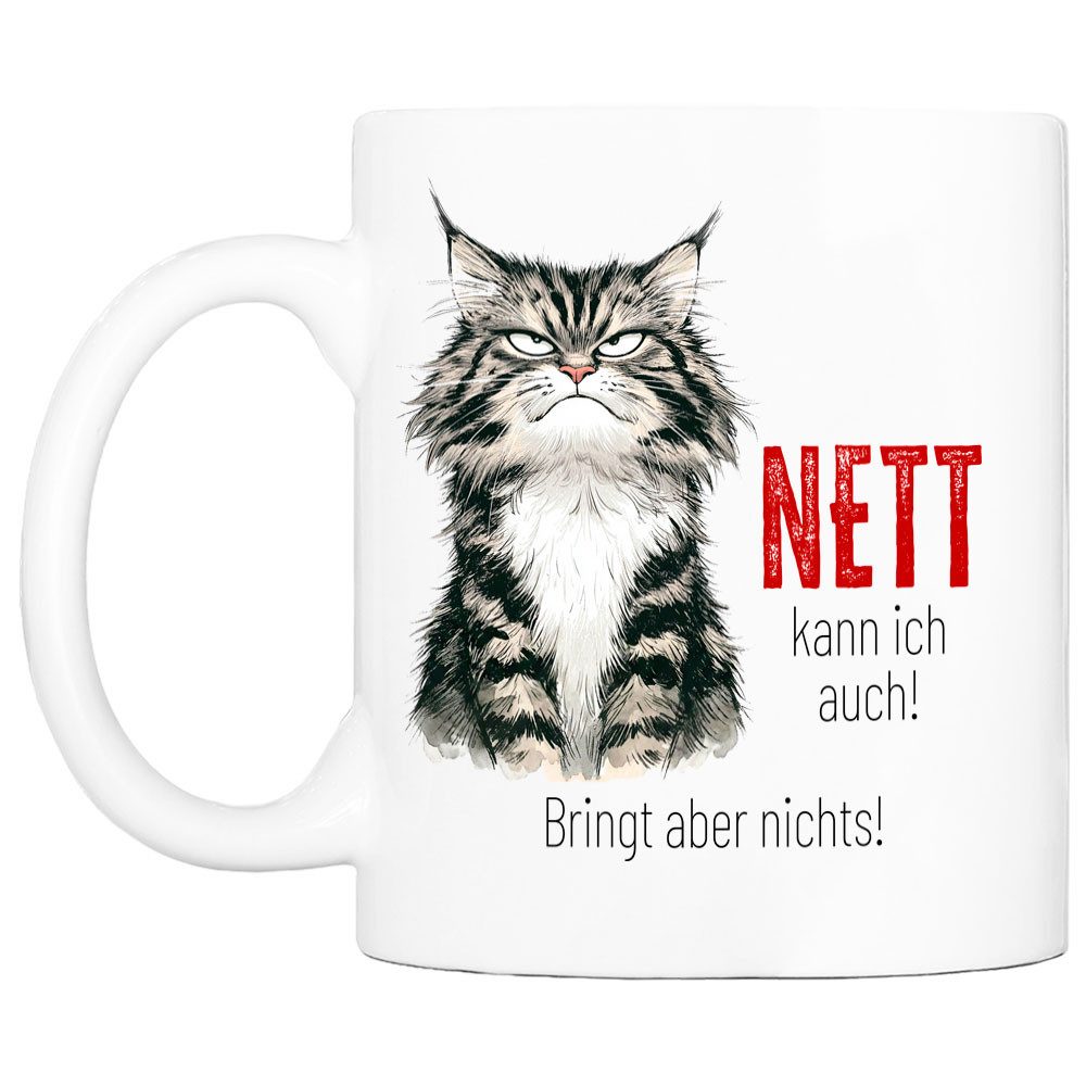 Cadouri Tasse mit Spruch 'Nett kann ich auch' Kaffeetasse Büro Arbeit, Geschenk, Keramik, Kaffeebecher, Geschenkidee Arbeitskollege, lustig, Humor, 330 ml
