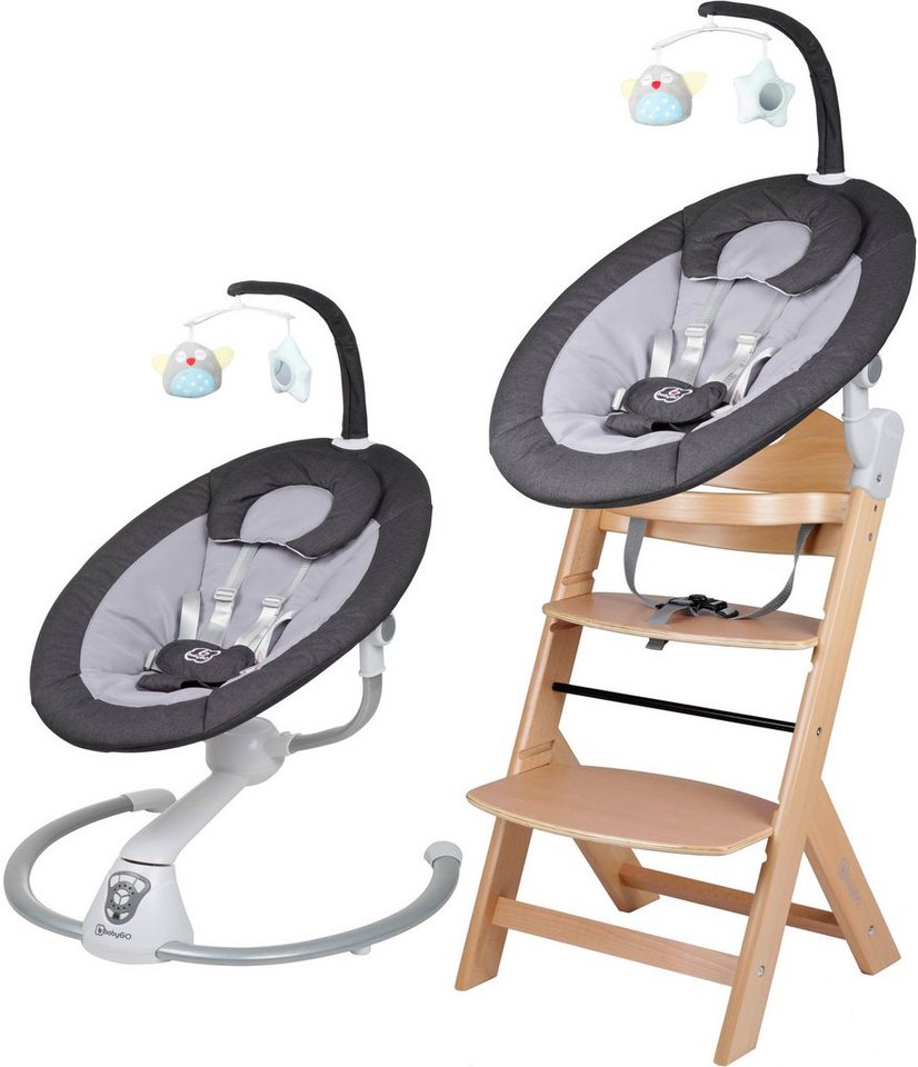 BabyGo Hochstuhl Family Homey Set, natur/dunkelgrau, mit elektrischer  Babywippe inkl. Spielbogen