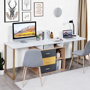 COSTWAY Schreibtisch, mit 3 Schubladen&Fächern, für 2 Personen, verstellbar 220cm