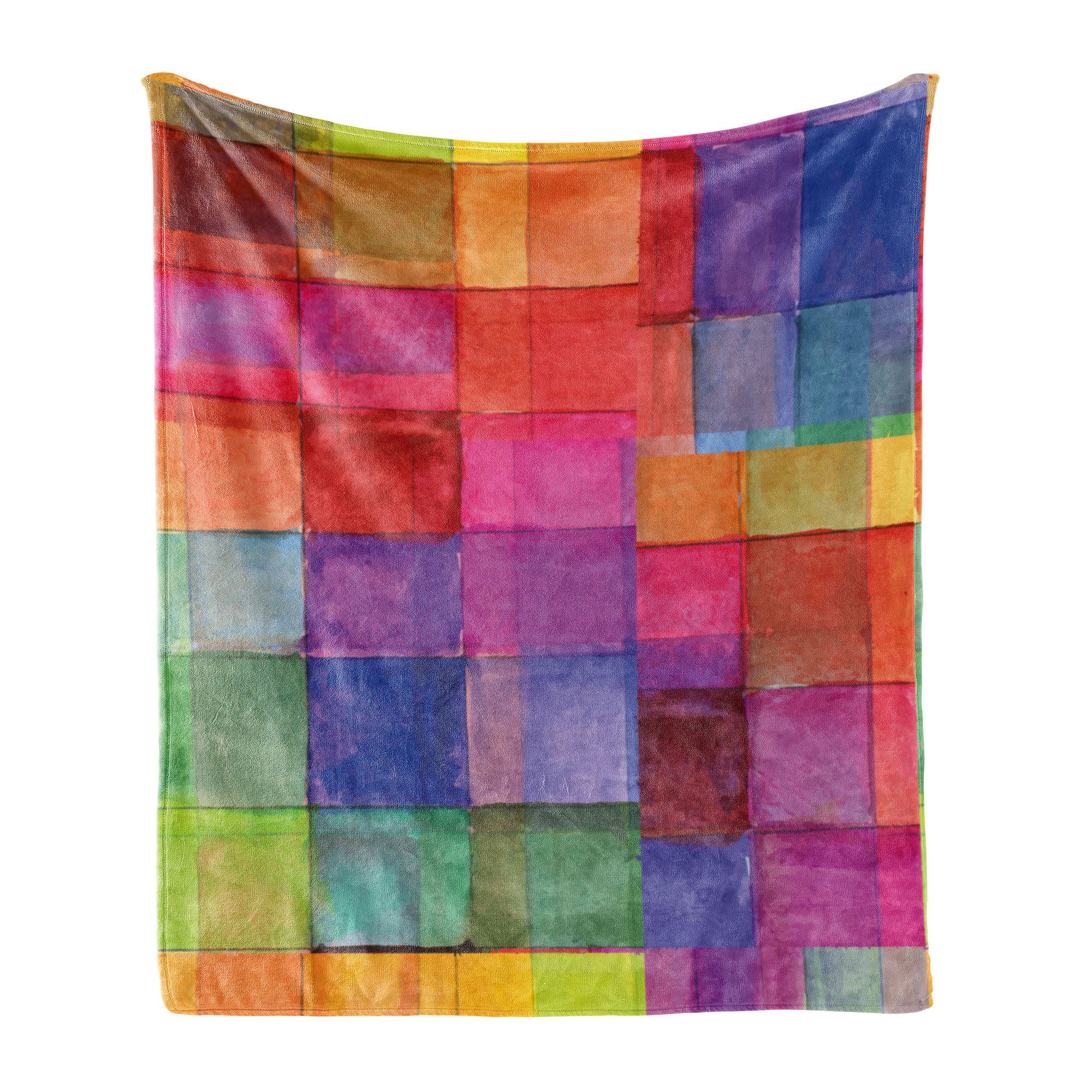Wohndecke Gemütlicher Plüsch für den Innen- und Außenbereich, Abakuhaus, Abstrakt Regenbogen-Farben-Quadrate