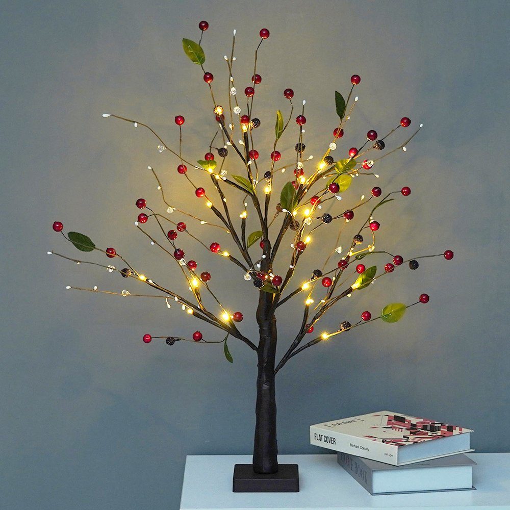 Rosnek LED Baum Warmweiß, batteriebetrieben, für Hochzeit Festival Haus Deko, Warmweiß, DIY Baumlampe, LED Bonsai-Baum Tischleuchte Rote Perlen
