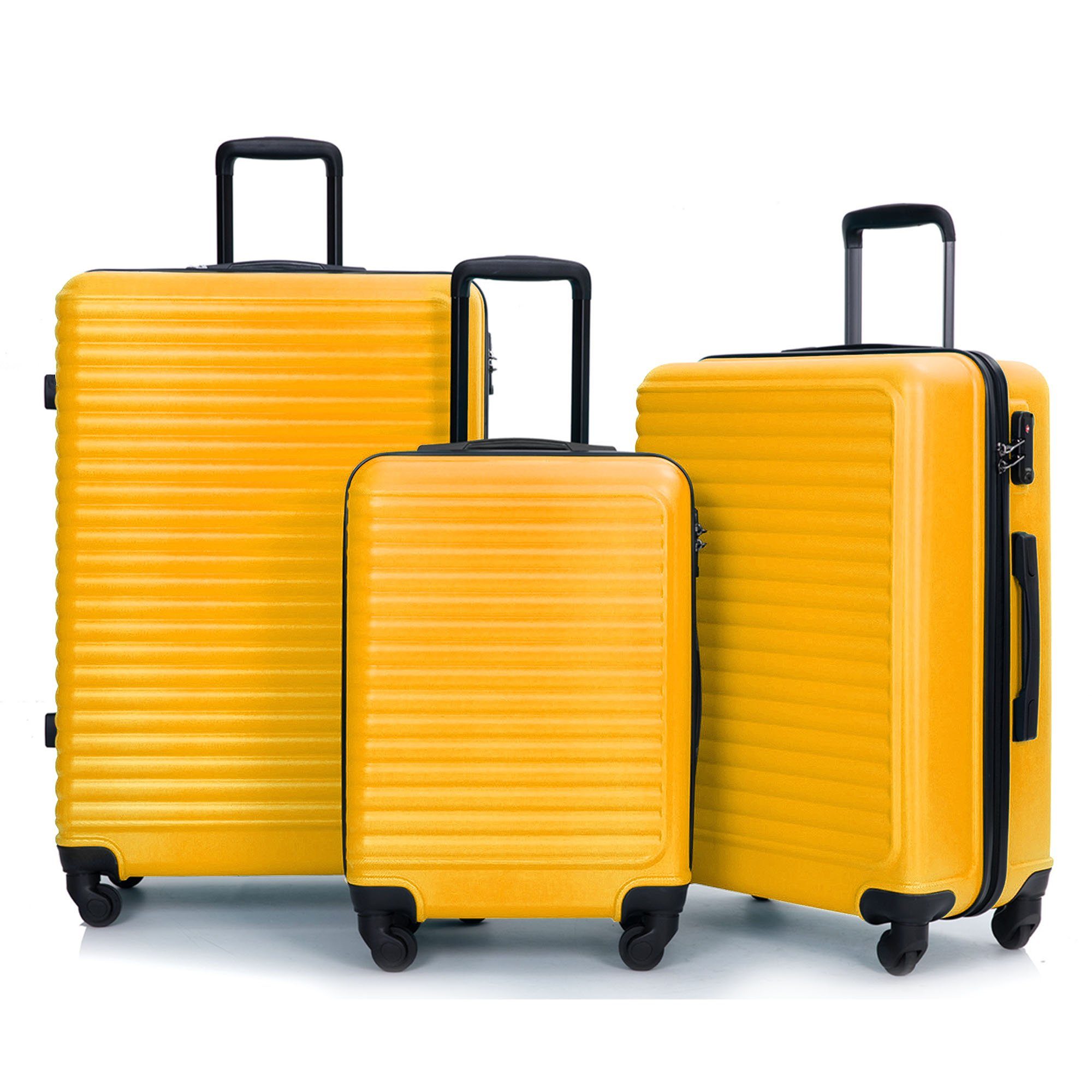 Ulife Trolleyset Kofferset-Reisekoffer, ABS-Material, 4 Rollen, (Set, 3 tlg., Hartschalen-Trolley Set), mit TSA Zollschloss Gelb | Trolley-Sets