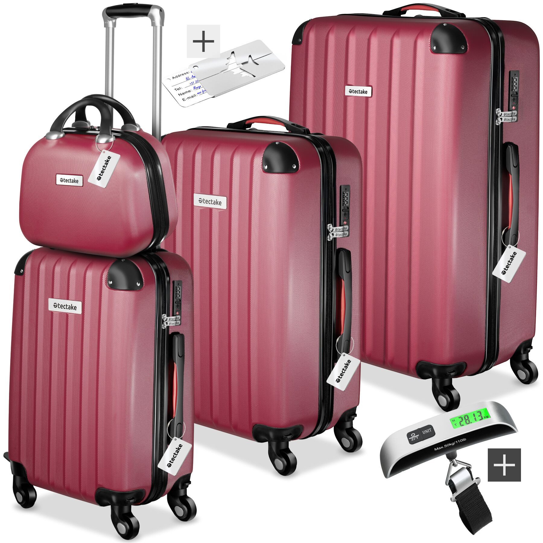 tectake Trolley Hartschalenkoffer-Set 9-teilig mit Kofferwaage und TSA-Zahlenschloss, 4 Rollen, mit Teleskopgriff, 360° drehbare, abnehmbare Rollen, abteilbar