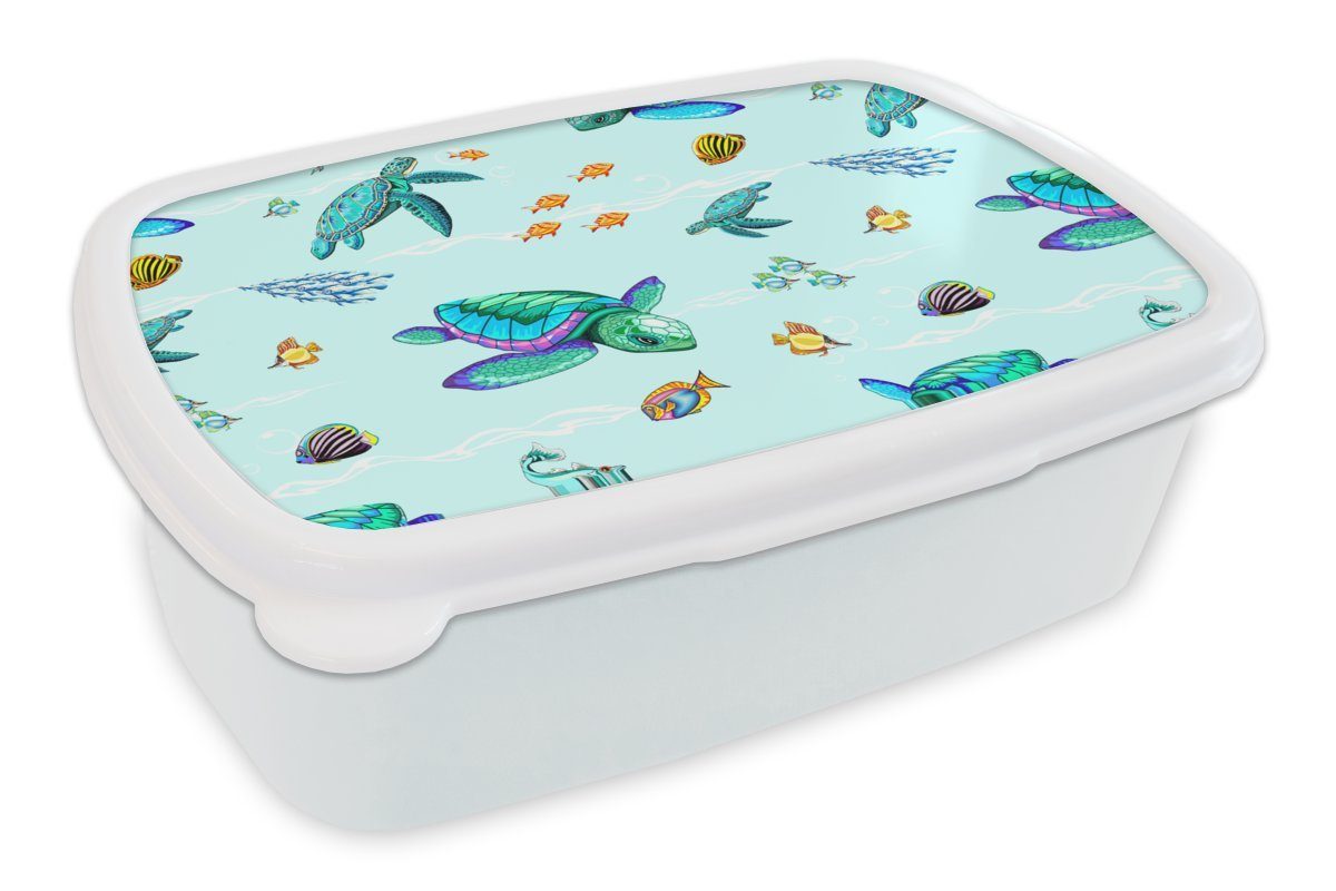 MuchoWow Lunchbox Regenbogen - Schildkröte - Fisch - Wasser - Muster, Kunststoff, (2-tlg), Brotbox für Kinder und Erwachsene, Brotdose, für Jungs und Mädchen weiß