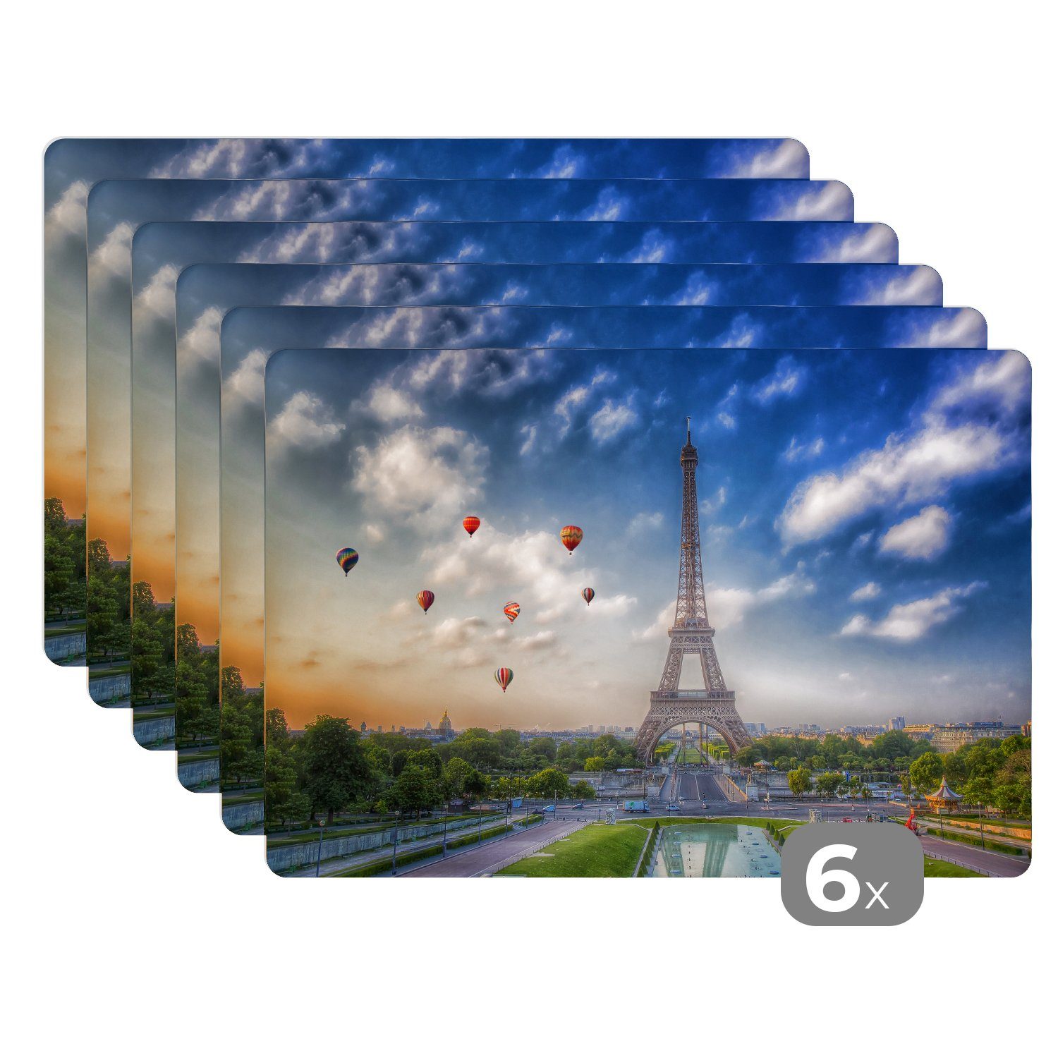 Platzset, Der Eiffelturm mit Heißluftballons im Hintergrund über Paris, MuchoWow, (6-St), Platzset, Platzdecken, Platzmatte, Tischmatten, Schmutzabweisend