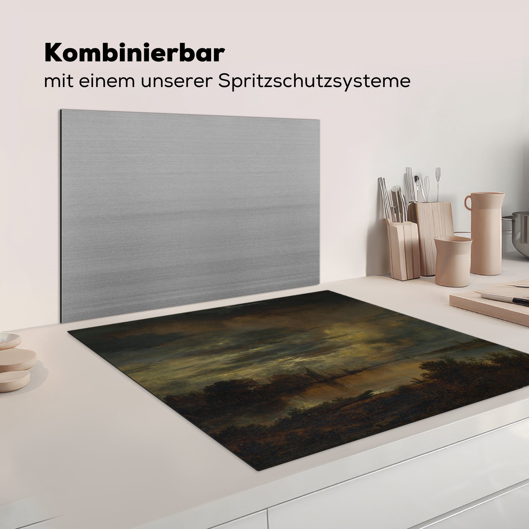 cm, Dorf 78x78 der van MuchoWow für - Fluss küche an Ein Neer, einem Aert Herdblende-/Abdeckplatte Arbeitsplatte tlg), Mondlicht Vinyl, Ceranfeldabdeckung, im von Gemälde (1