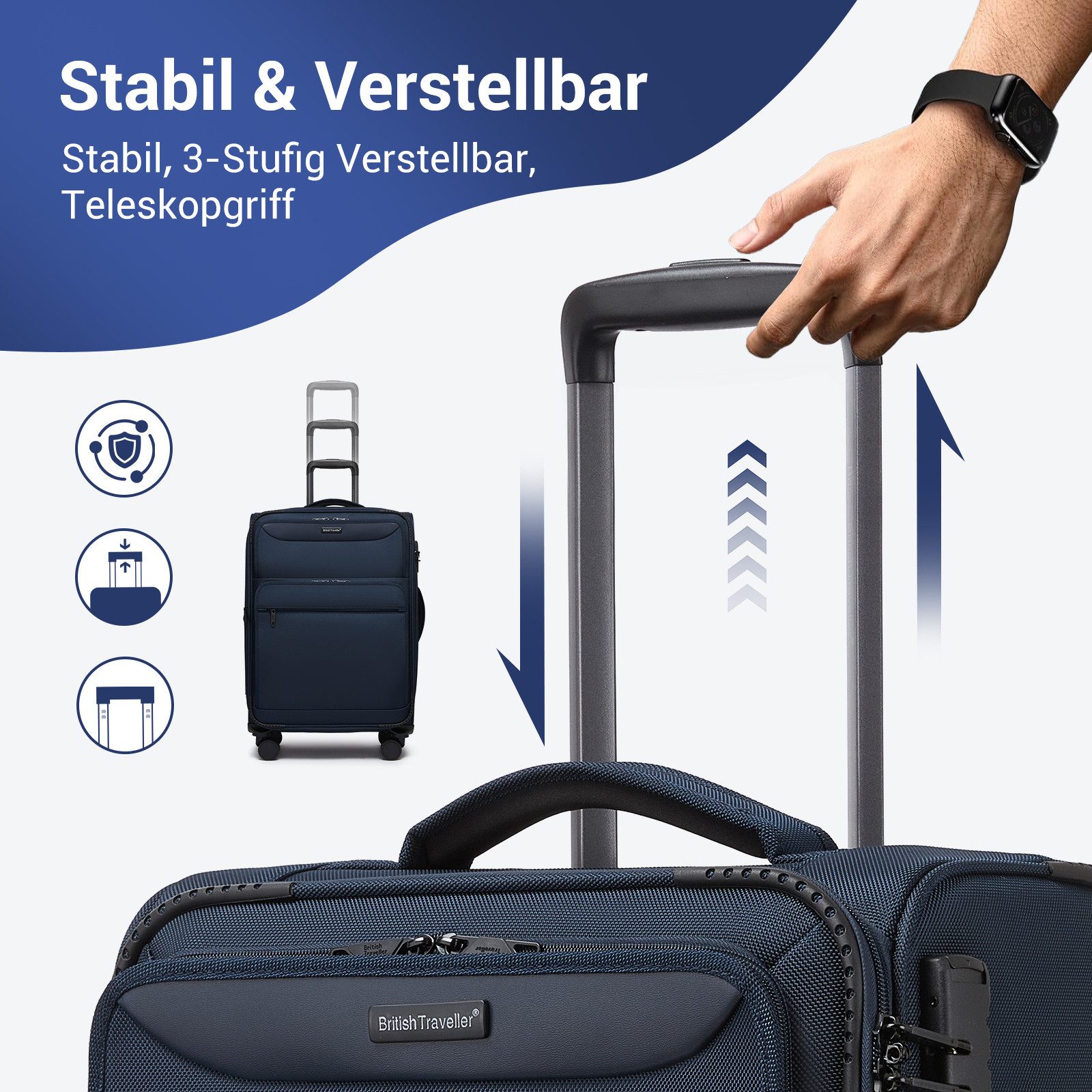 British Traveller Handgepäck-Trolley Stoffkoffer erweiterbar mit Frontfächern, 20% Extra-Volumen – Bild 5 von 5