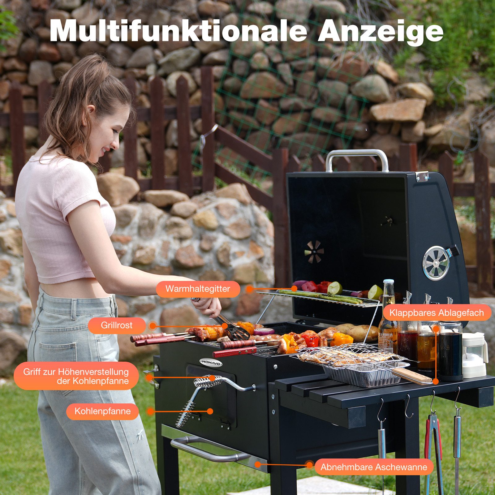 HOMAVO Holzkohlegrill mit Deckel & Grillabdeckungen Wasserfest, Grillfläche: 56 × 42.5 cm, Höhenverstellbare Kohlenwanne, Faltbarer Seitentisch, Thermometer