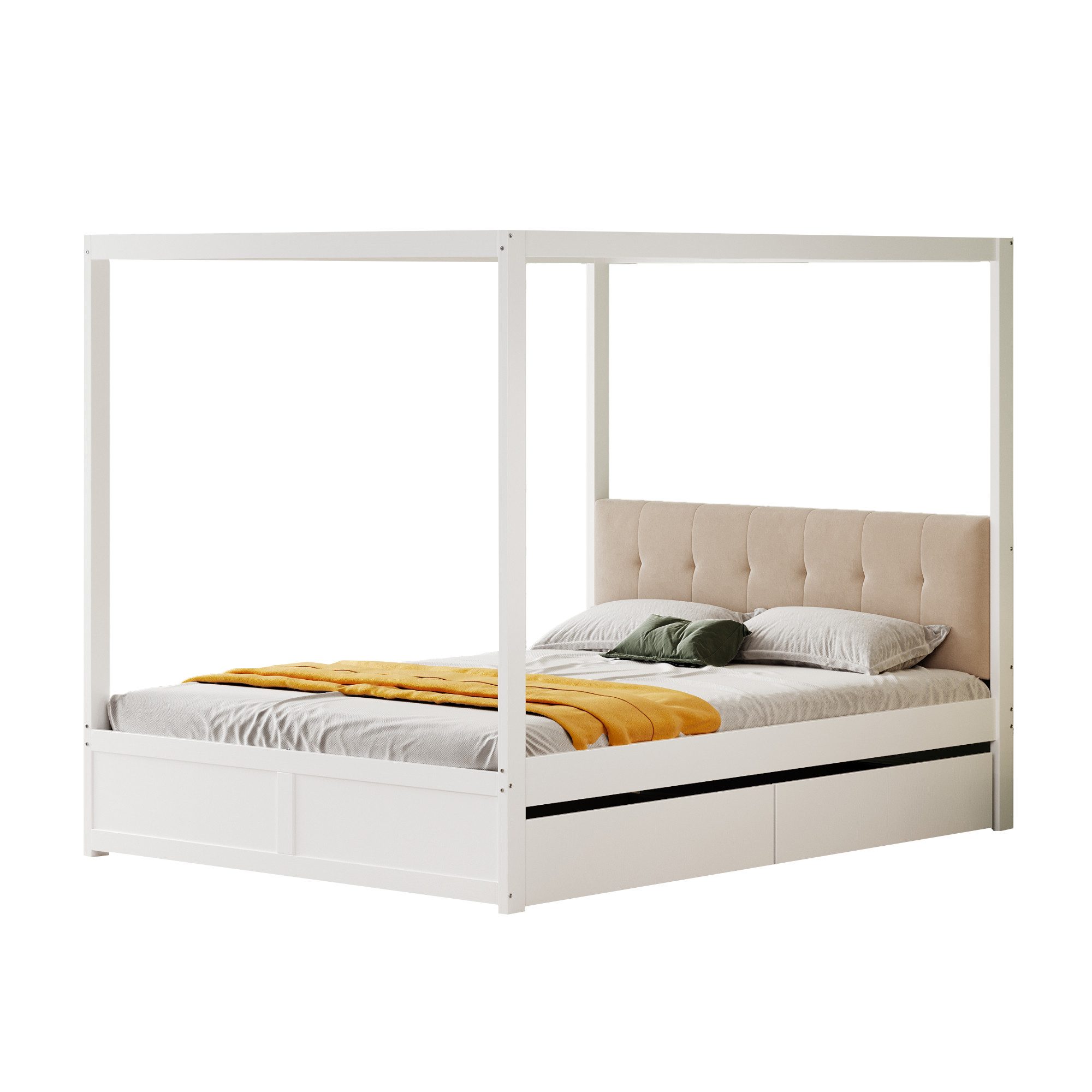 OKWISH Bett Himmelbett aus Holz, Doppelbett Kinderbett Hausbett (mit großen Schubladen und gepolsterter Rückenlehne, 140 x 200 cm), ohne Matratze