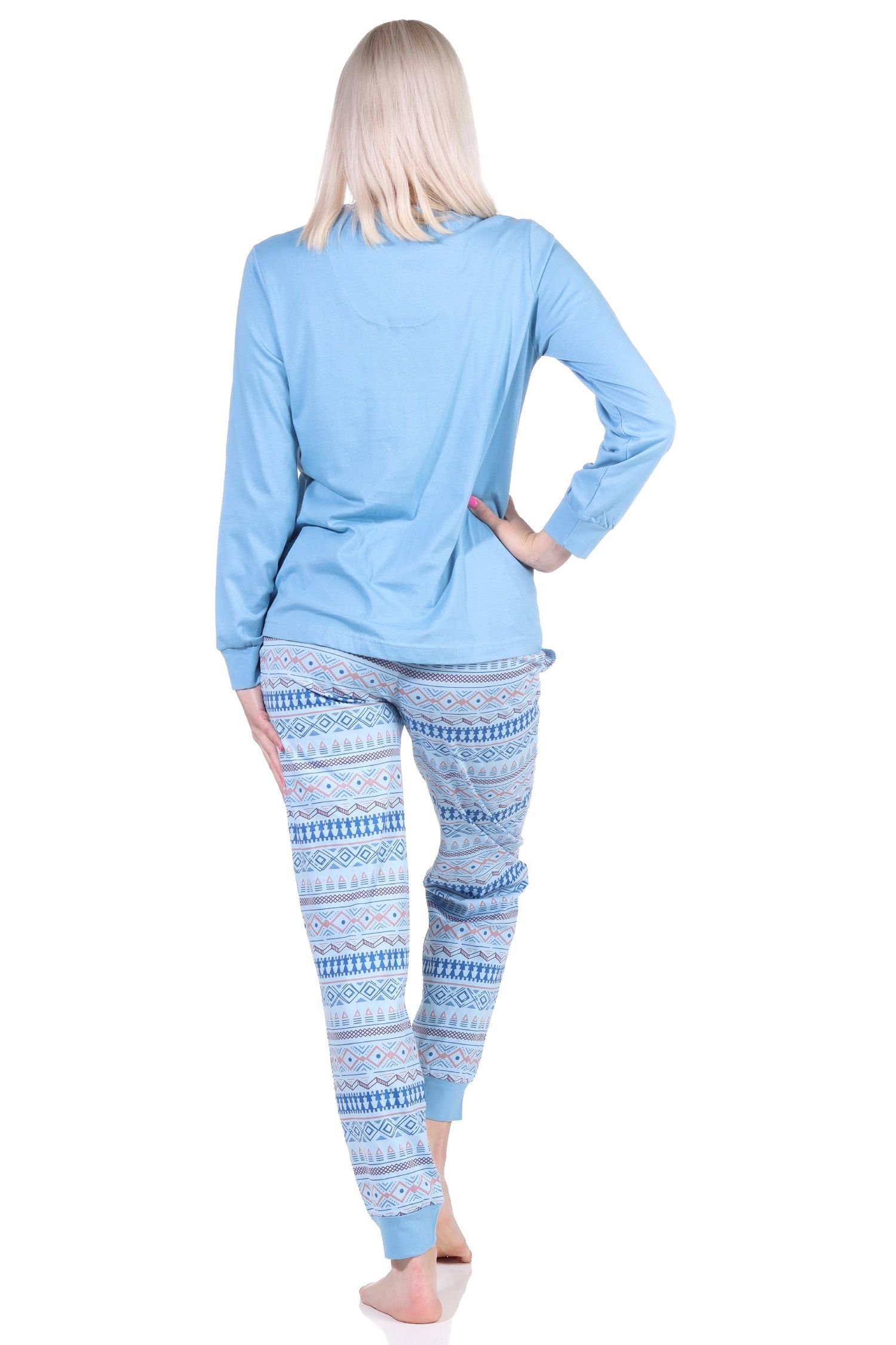 Normann Pyjama im Ethnolook in lang Schlafanzug mit Bündchen auch Übergröße Damen hellblau 