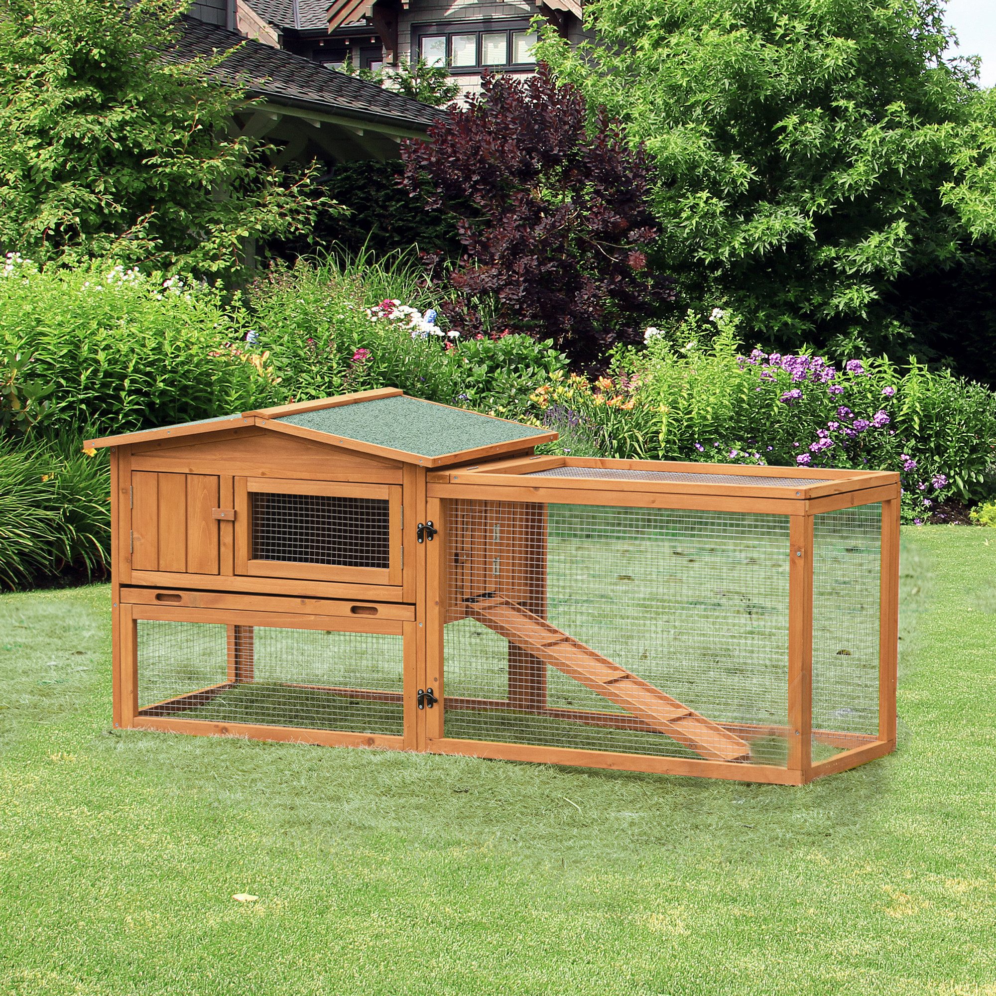 PawHut Kleintierstall Hasenstall Kaninchenstall aus Holz mit Freilaufgehege orange, für Garten, Orange