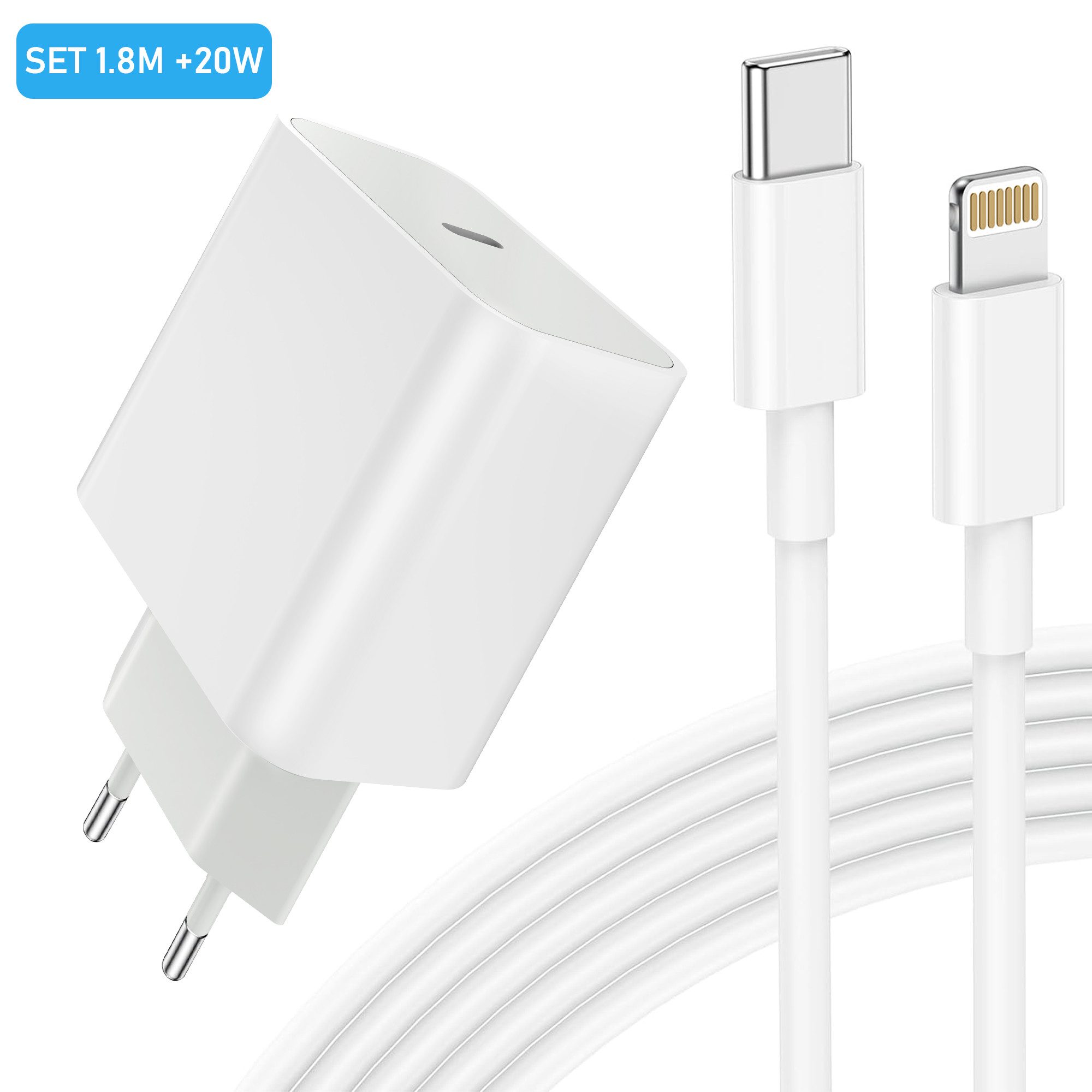 Ladeset 20W Schnellladegerät USB-C Lightningkabel passt für iPhone USB-Ladegerät