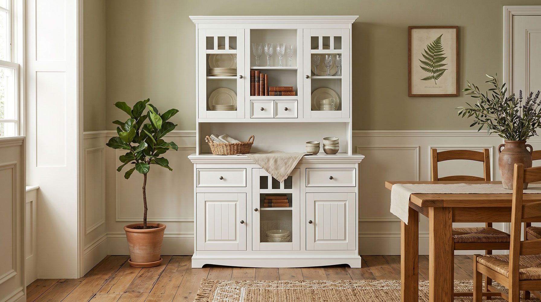 Feldmann-Wohnen Buffet Belluno Elegante (mit Schubladen, mit Türen, mit Glaseinsatz, 2-St., moderne Optik, mit Schubladen, mit Türen, mit Glaseinsatz) 130x44x190cm Massivholz 5-türig Kiefer weiß lackiert