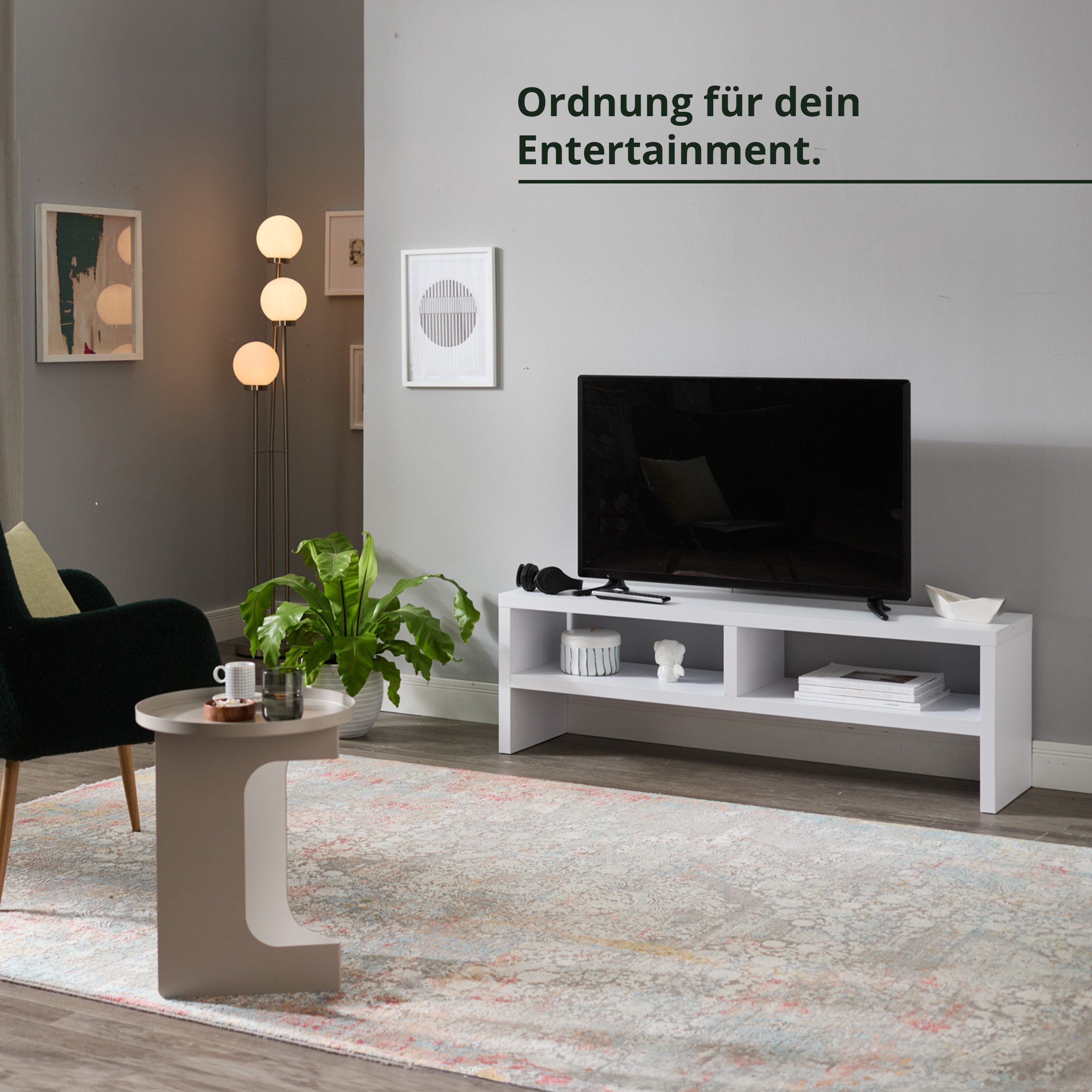 KHG TV-Board TV-Schrank Weiß mit 2 offenen Fächern 140x45x35 cm (Kompaktes Lowboard mit viel Stauraum, stabile Konstruktion, 1 St., Kabelmanagement durch offene – Bild 3 von 5