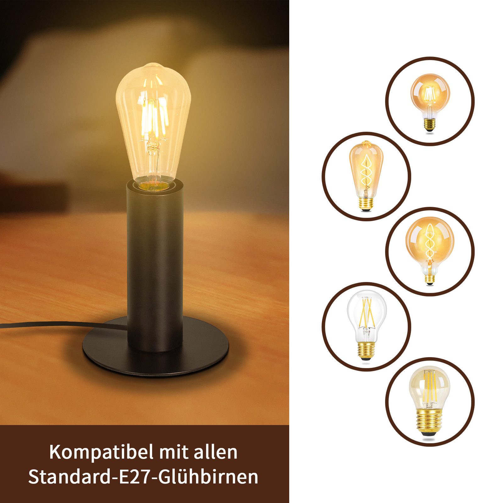 Nettlife Tischleuchte Schwarz Vintage E27 40W mit Stecker inkl. Schalter, ohne Leuchtmittel, Nachttischleuchte Industrial Retro für Schlafzimmer Wohnzimmer