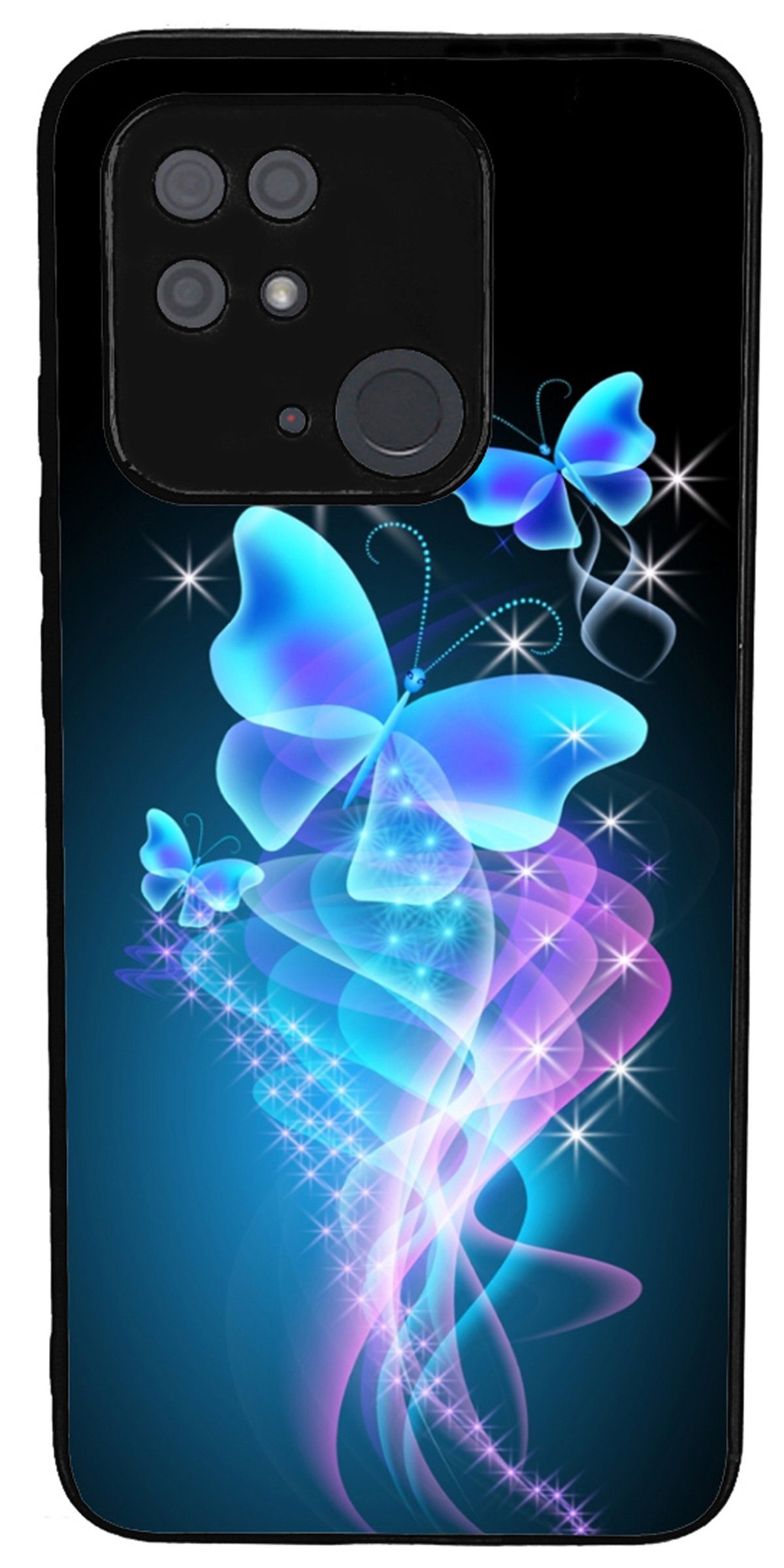 Traumhuelle Handyhülle TPU HÜLLE Silikon MOTIV 286 Case Cover Schutzhülle Backcover Etui 5G, Schmetterling Butterfly Blau Sterne Handy Bumper Rückschale Schwarz